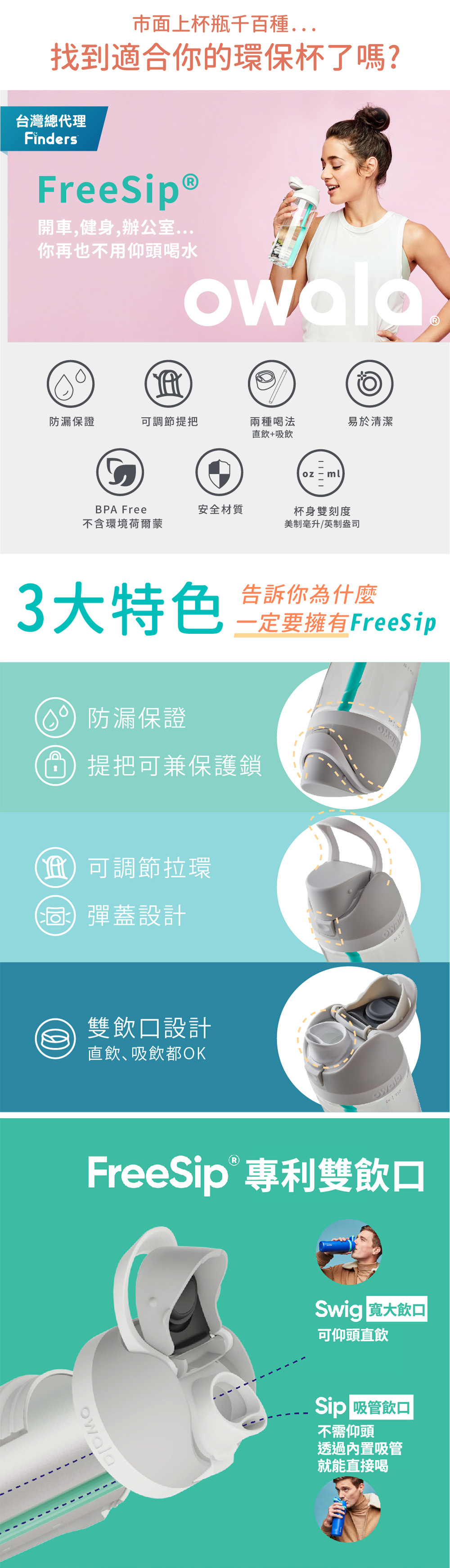 美國 Owala FreeSip Tritan 雙飲口彈蓋 環保吸管水壺 3大特色 防漏保證 可調節拉環 雙引口設計