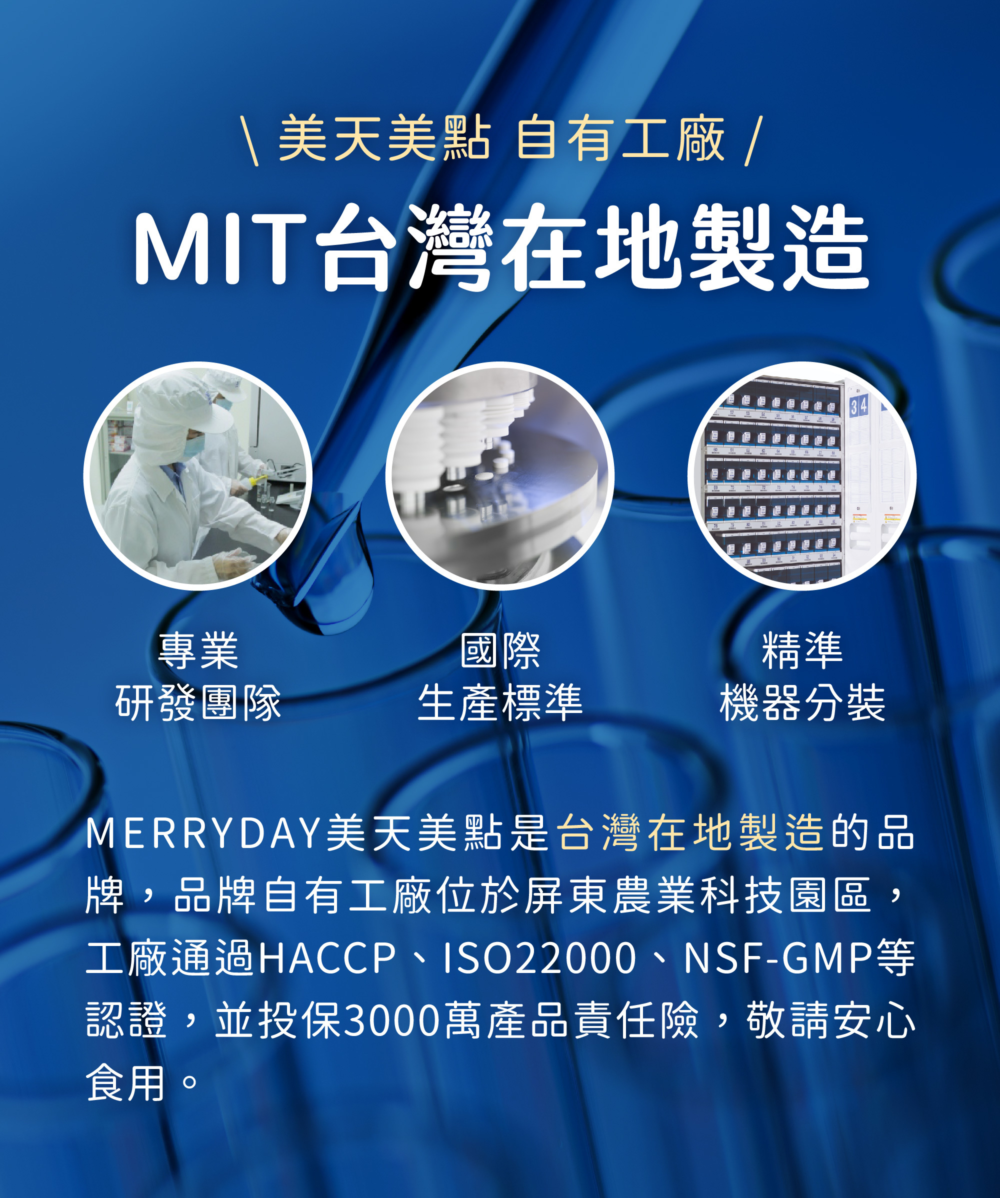 MERRYDAY美天美點擁有自有保健食品工廠,保健食品MIT台灣製造,通過HACCP、ISO22000、NSF-GMP等認證