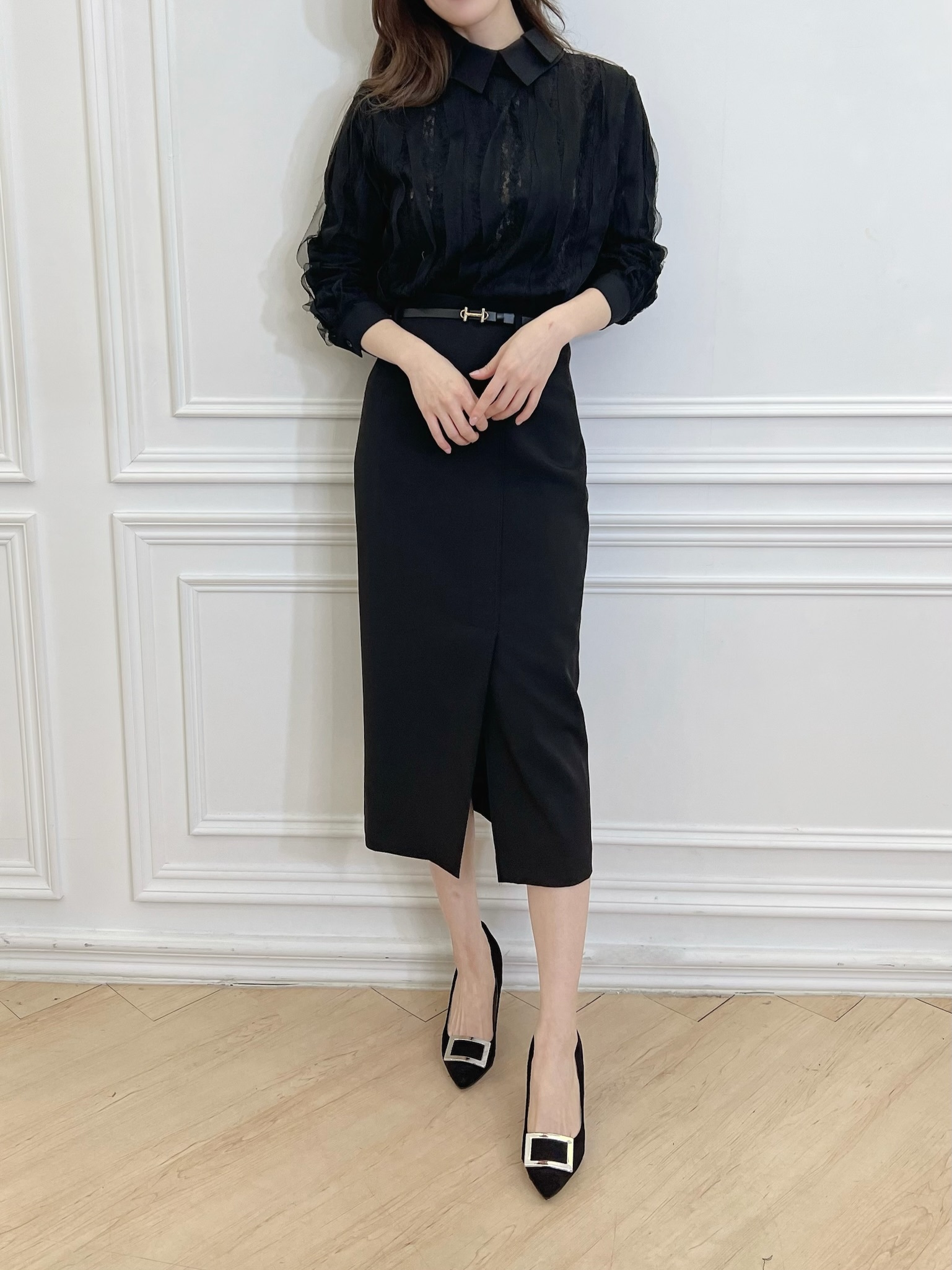 金釦腰帶素面窄裙