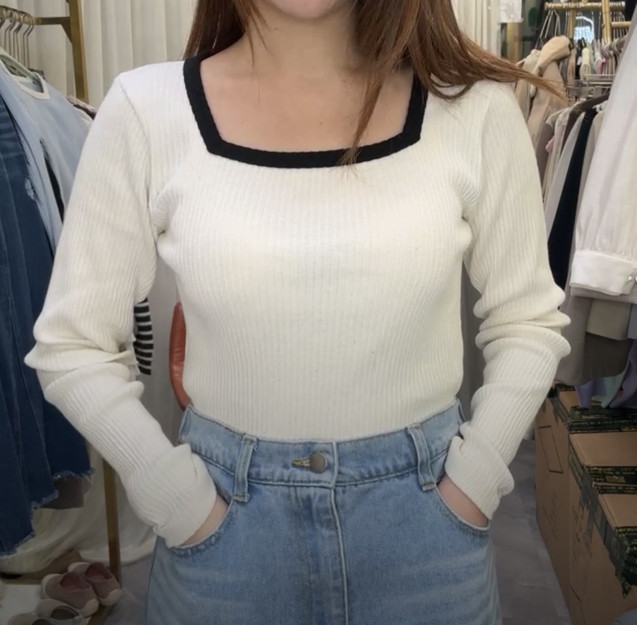 簡約百搭方領坑紋襯衣(13705)