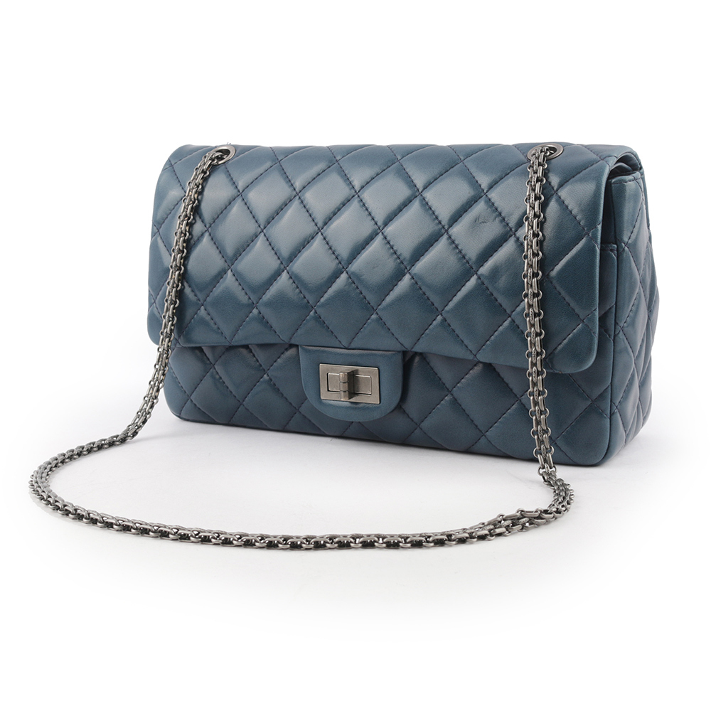 【CHANEL】小羊皮 雙蓋 2.55 JUMBO 32cm(藍紫色)