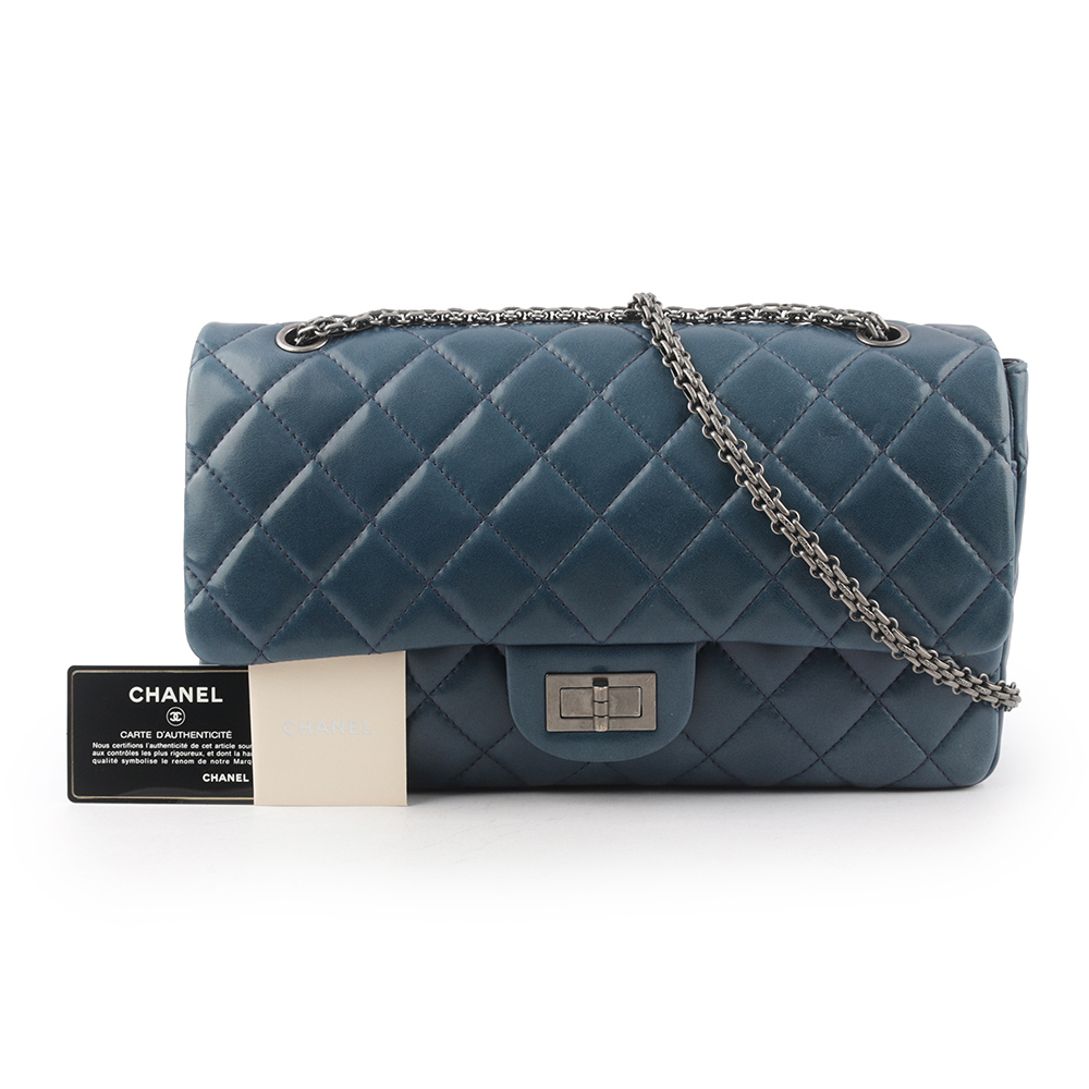 【CHANEL】小羊皮 雙蓋 2.55 JUMBO 32cm(藍紫色)