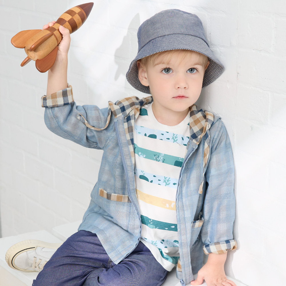 PIPPY百搭格紋純棉雙面穿連帽外套 藍