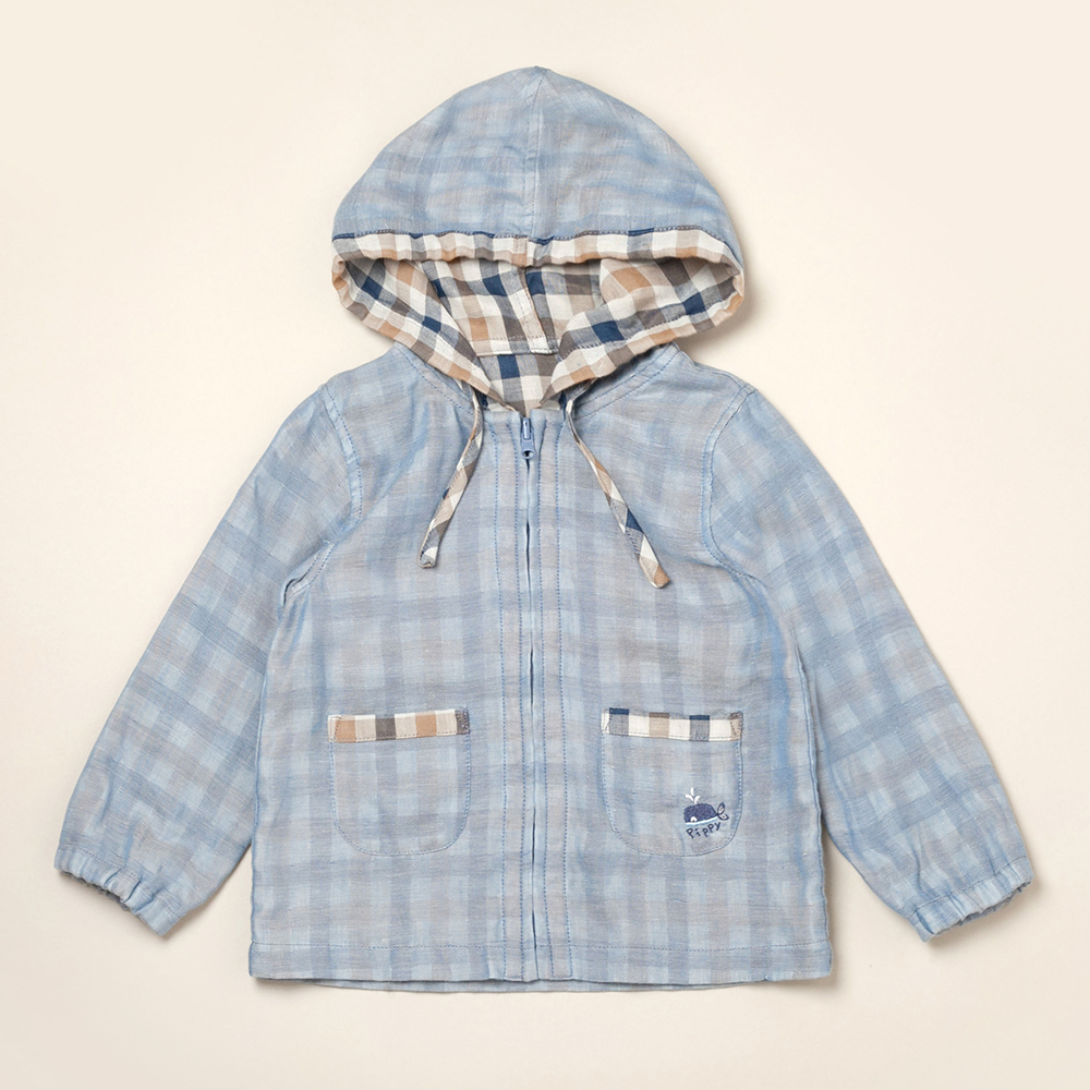 PIPPY百搭格紋純棉雙面穿連帽外套 藍