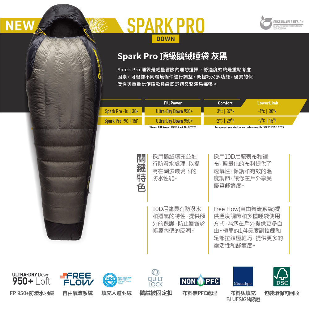 Spark Pro -9頂級鵝絨睡袋R 灰黑(-2~-9℃,784g) (STSASL041071-05010