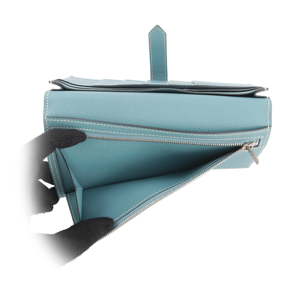 【HERMES】jean H logo 山羊皮二折長夾(blue)