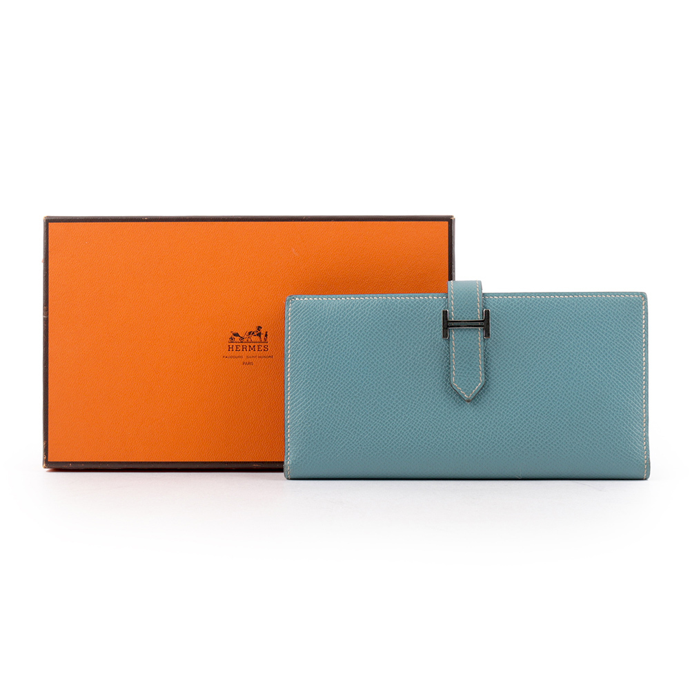 【HERMES】jean H logo 山羊皮二折長夾(blue)