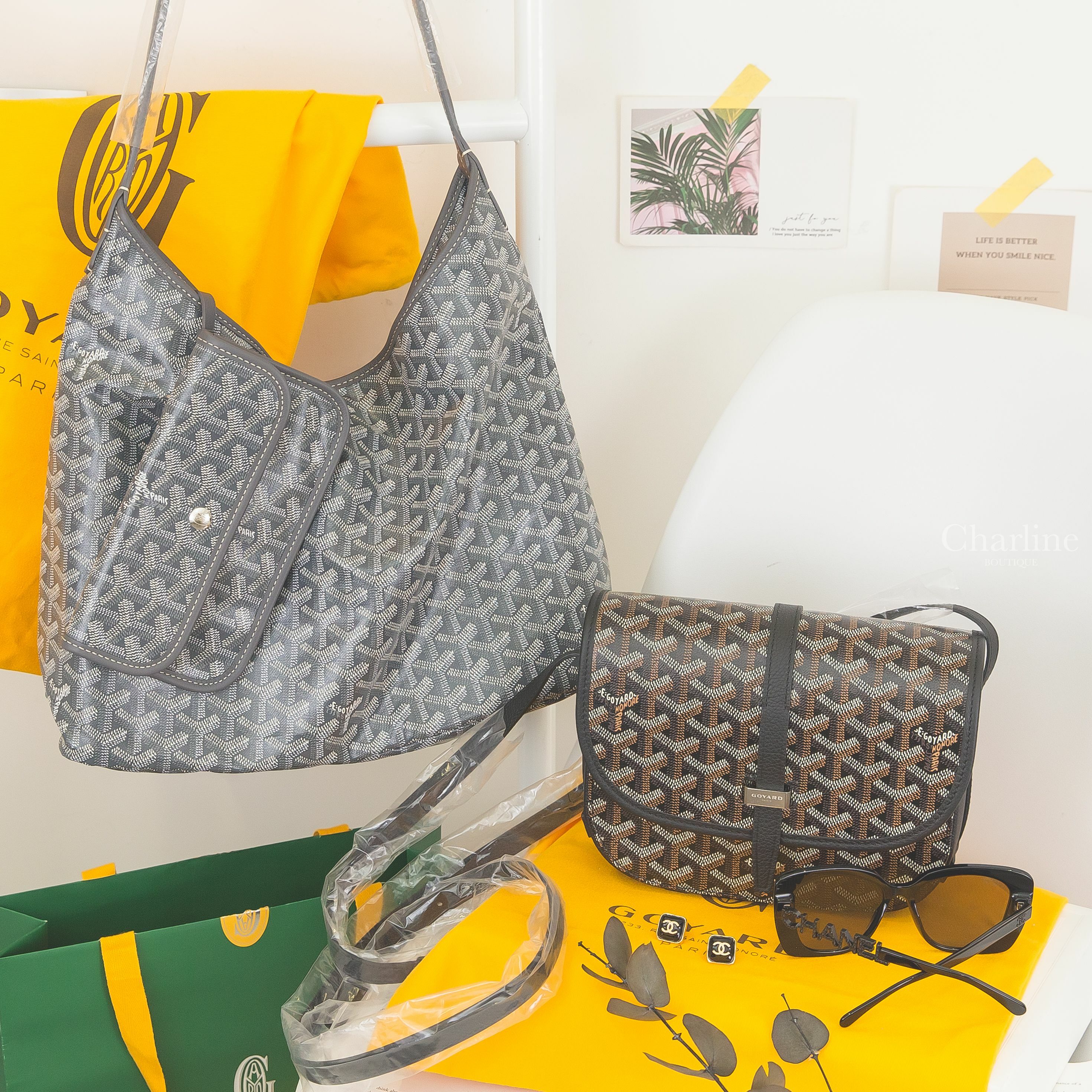 Goyard Bohème Hobo 灰色,Goyard Belvedere Pm 黑色,Chanel Earrings 黑底金CC金框方形耳環,Chanel Sunglasses 方框黑鑽太陽眼鏡-Charline Boutique 精品代購