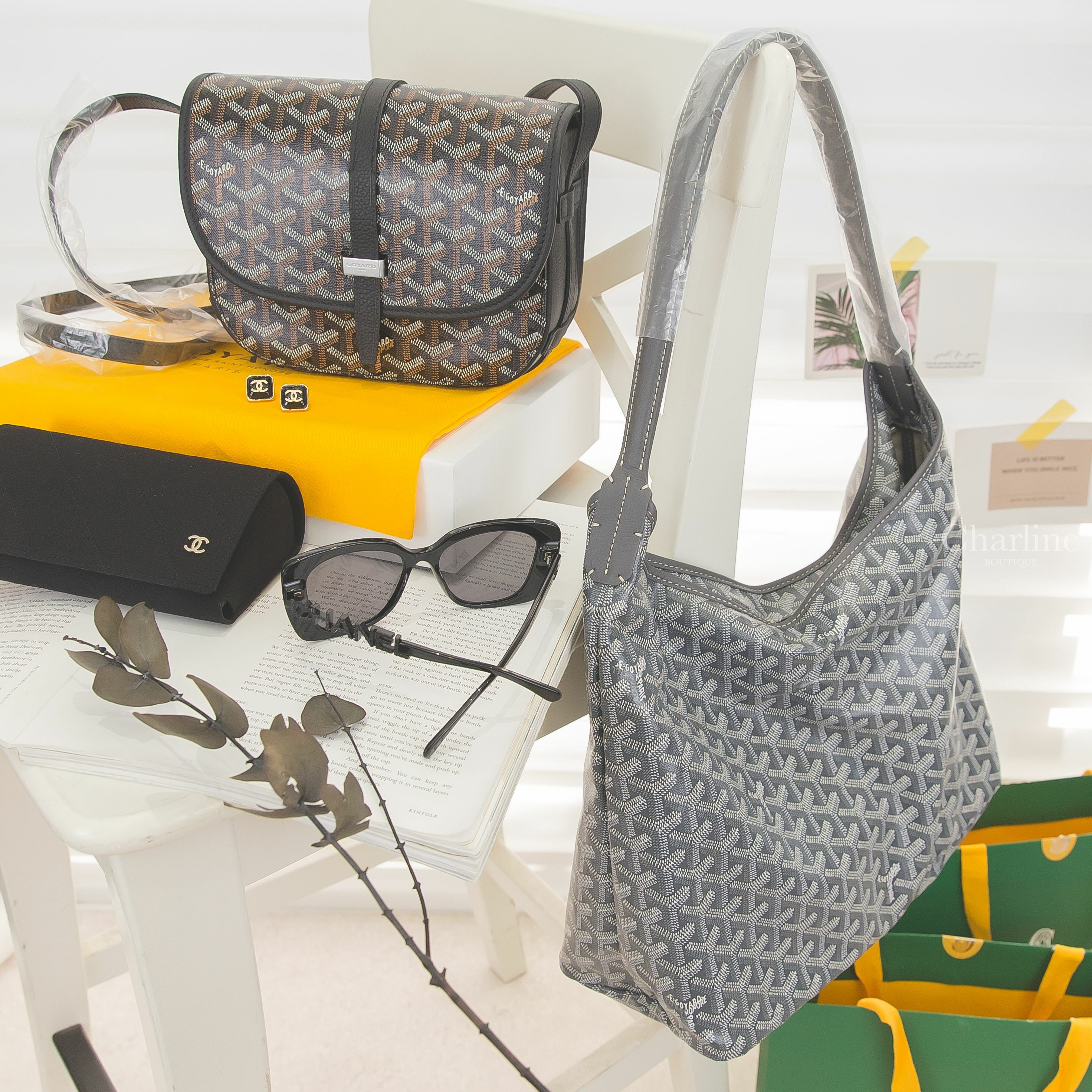 Goyard Bohème Hobo 灰色,Goyard Belvedere Pm 黑色,Chanel Earrings 黑底金CC金框方形耳環,Chanel Sunglasses 方框黑鑽太陽眼鏡-Charline Boutique 精品代購