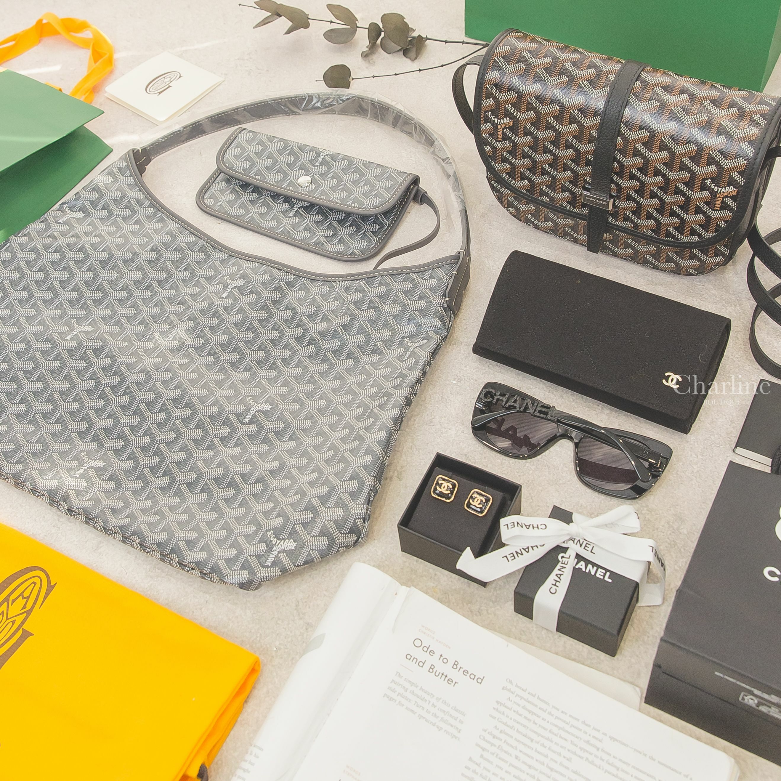 Goyard Bohème Hobo 灰色,Goyard Belvedere Pm 黑色,Chanel Earrings 黑底金CC金框方形耳環,Chanel Sunglasses 方框黑鑽太陽眼鏡-Charline Boutique 精品代購