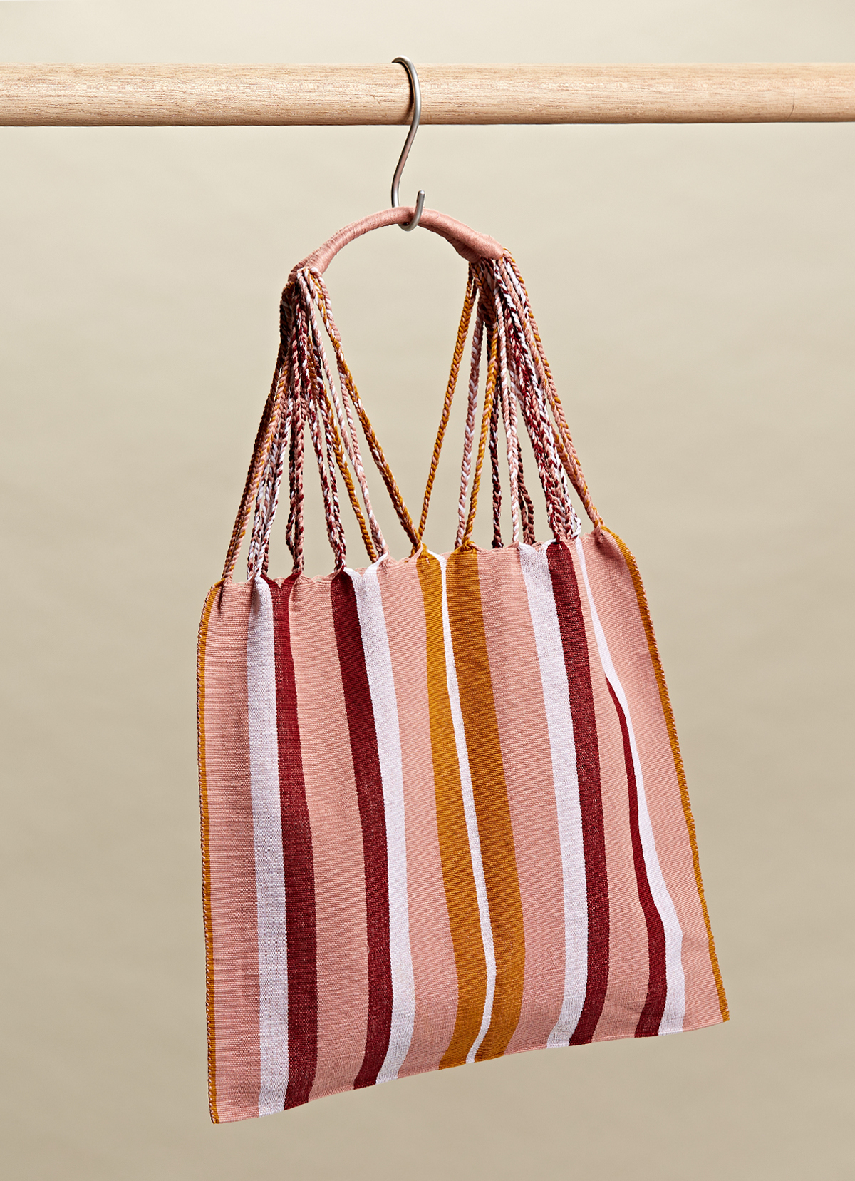 墨西哥腰機技藝手工腰織吊床包-2294WB-41X39cm-粉白黃線條