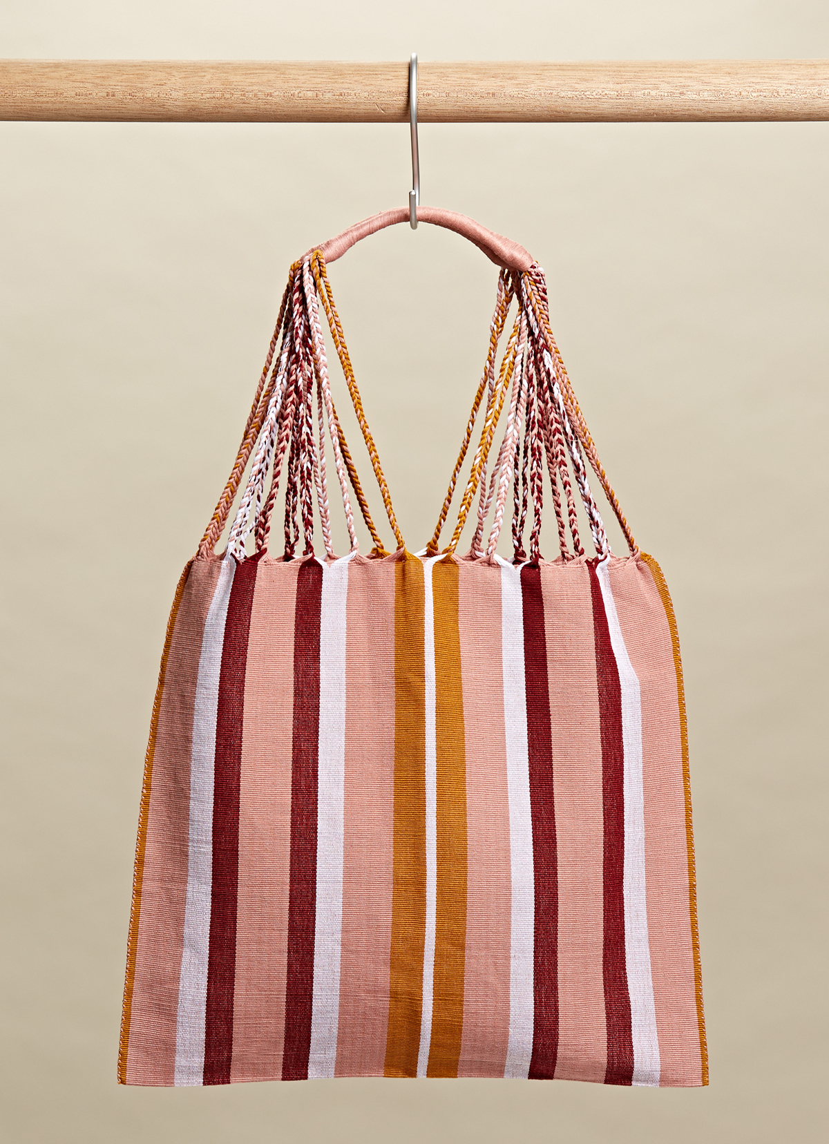墨西哥腰機技藝手工腰織吊床包-2294WB-41X39cm-粉白黃線條