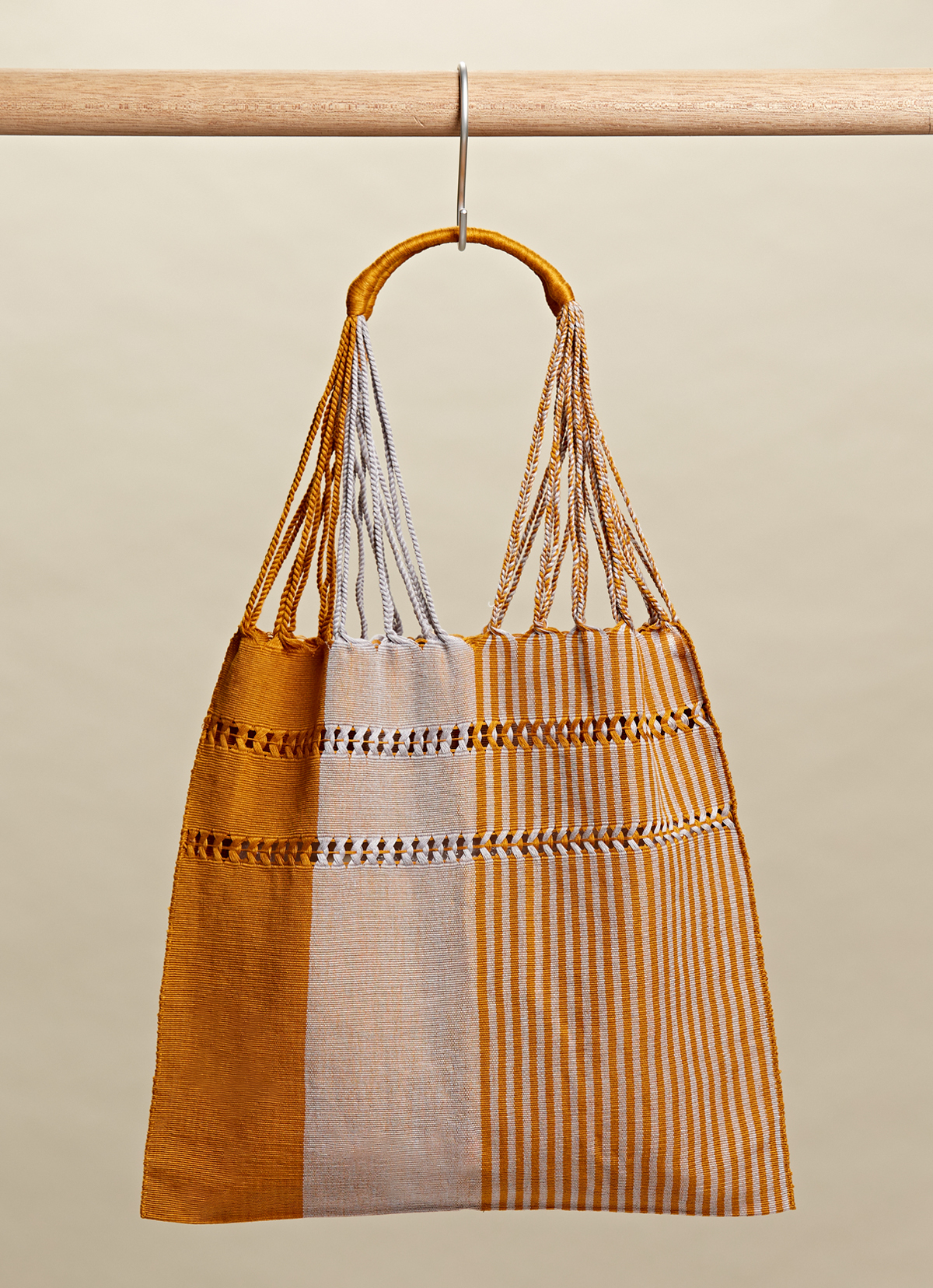 墨西哥腰機技藝手工腰織吊床包-2294WB-41X39cm-白橘線條