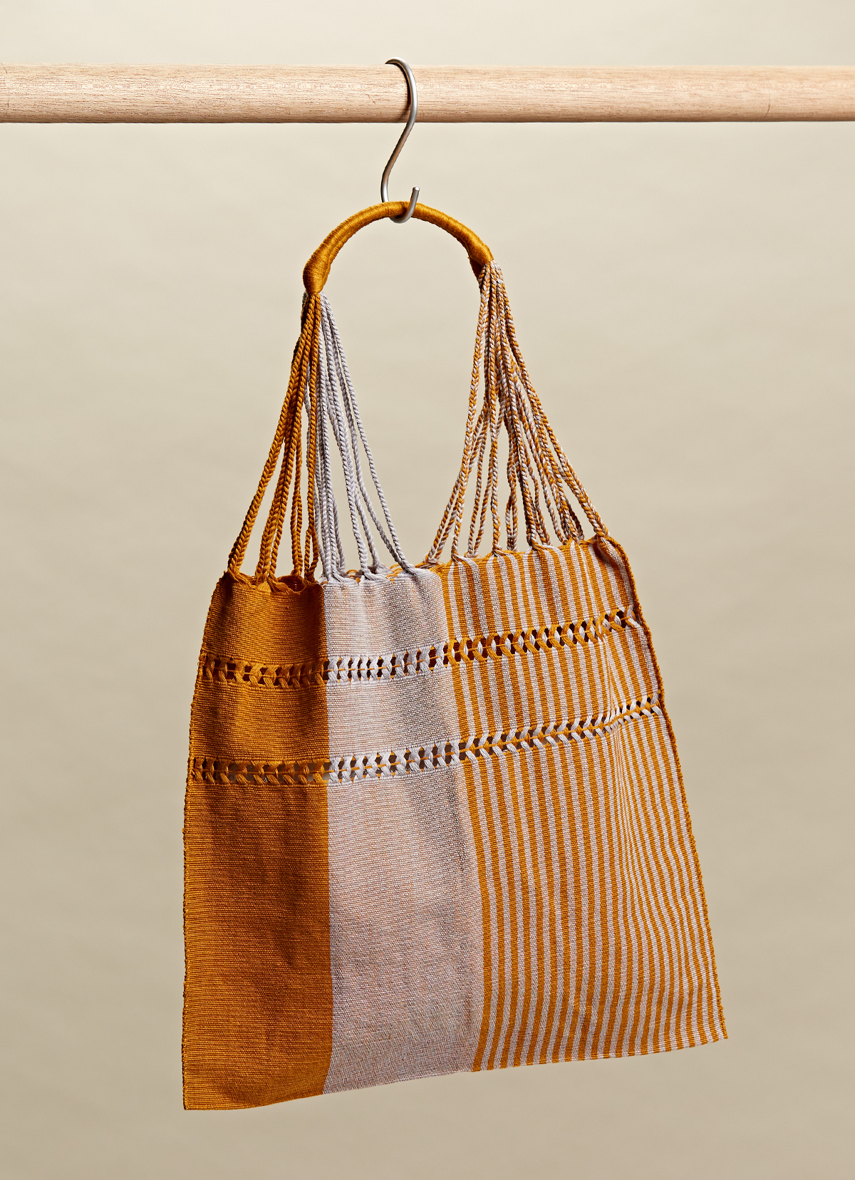 墨西哥腰機技藝手工腰織吊床包-2294WB-41X39cm-白橘線條