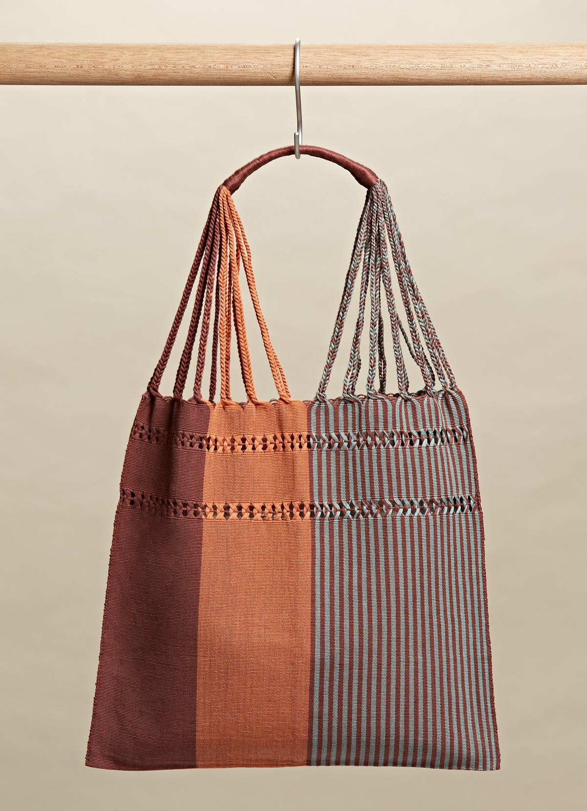 墨西哥腰機技藝手工腰織吊床包-2294WB-41X39cm-黑粉棕線條