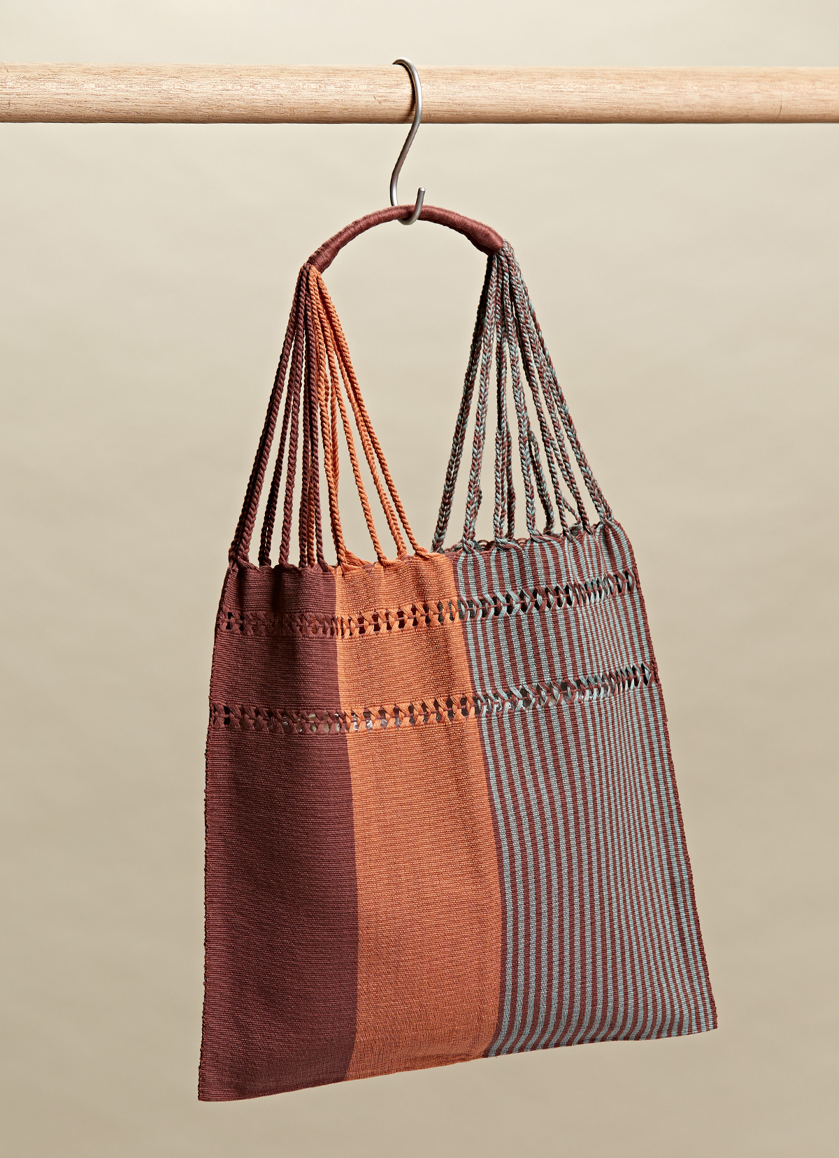 墨西哥腰機技藝手工腰織吊床包-2294WB-41X39cm-黑粉棕線條