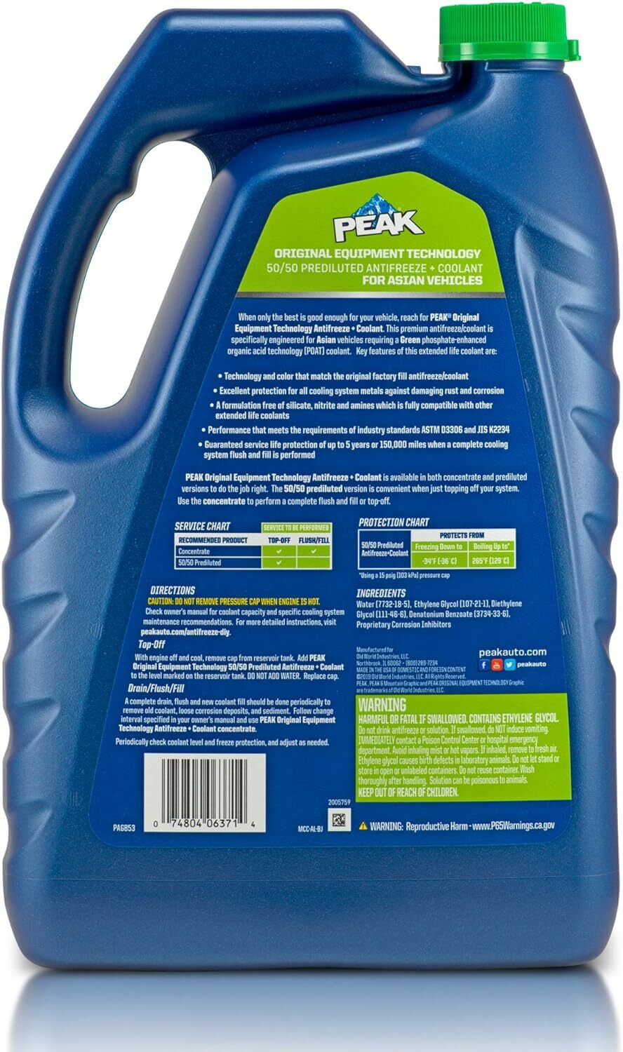 美國 PEAK 水箱冷卻液  亞洲車原廠規格 50/50 即用配方 (綠色) (1G. / 3.78L)