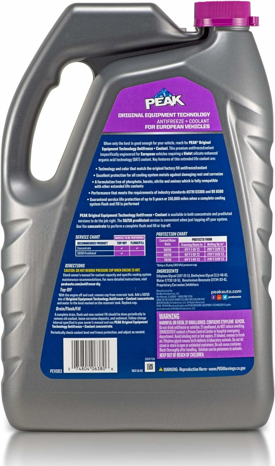 美國 PEAK 水箱冷卻液 歐洲車原廠規格 50/50 即用配方(紫色) (1G. / 3.78L)