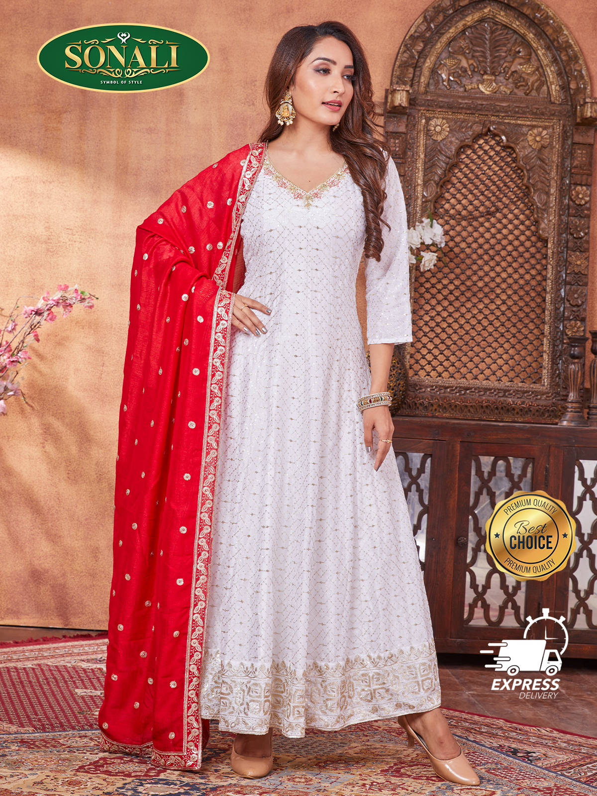 Sonali Premier Quality Family Collection White - Men's Shirt, Women's Gown (Free Duppatta), Girls Gown (Free Duppatta) , Boy's Shirt - Q1878 / Q1879 / Q1880 / Q1881