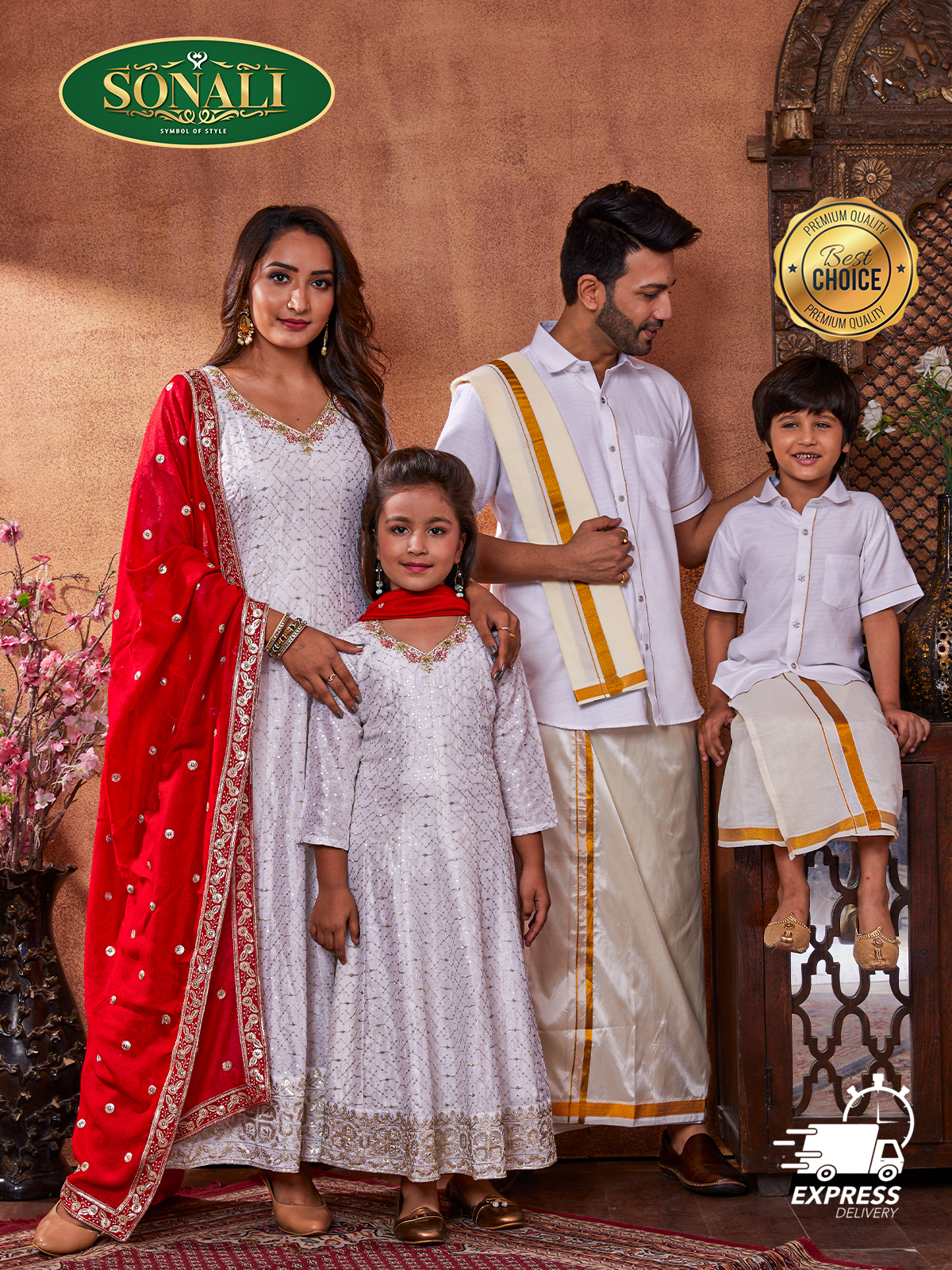 Sonali Premier Quality Family Collection White - Men's Shirt, Women's Gown (Free Duppatta), Girls Gown (Free Duppatta) , Boy's Shirt - Q1878 / Q1879 / Q1880 / Q1881