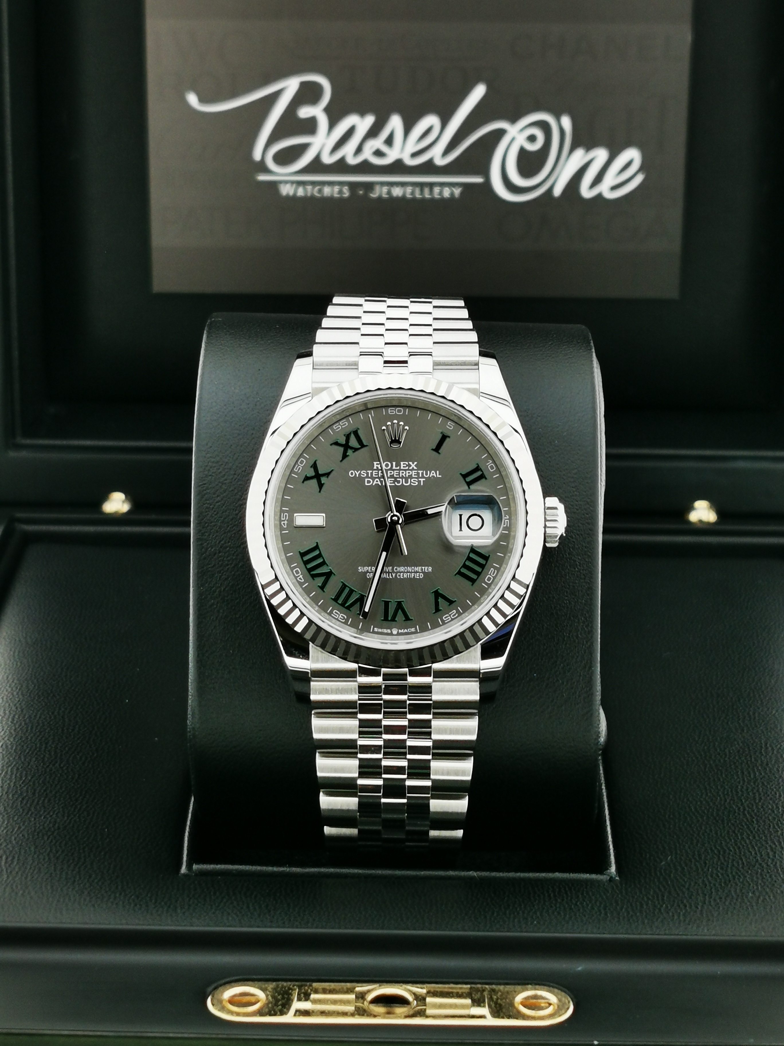 BRAND NEW ROLEX 126234 GREY dial Wimbledon  GREEN ROMAN WHITE GOLD STEEL DATEJUST 36 JUBILEE STRAP