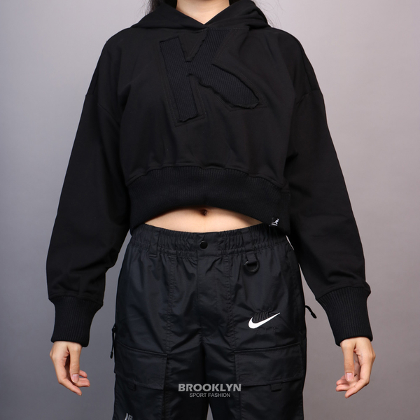 KANGOL 帽T 上衣 全黑 大螺紋 K拼布 短版 連帽 女6052105220
