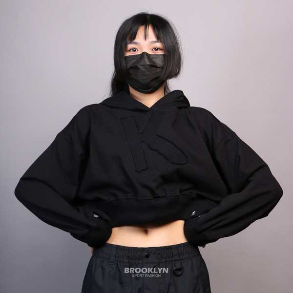 KANGOL 帽T 上衣 全黑 大螺紋 K拼布 短版 連帽 女6052105220