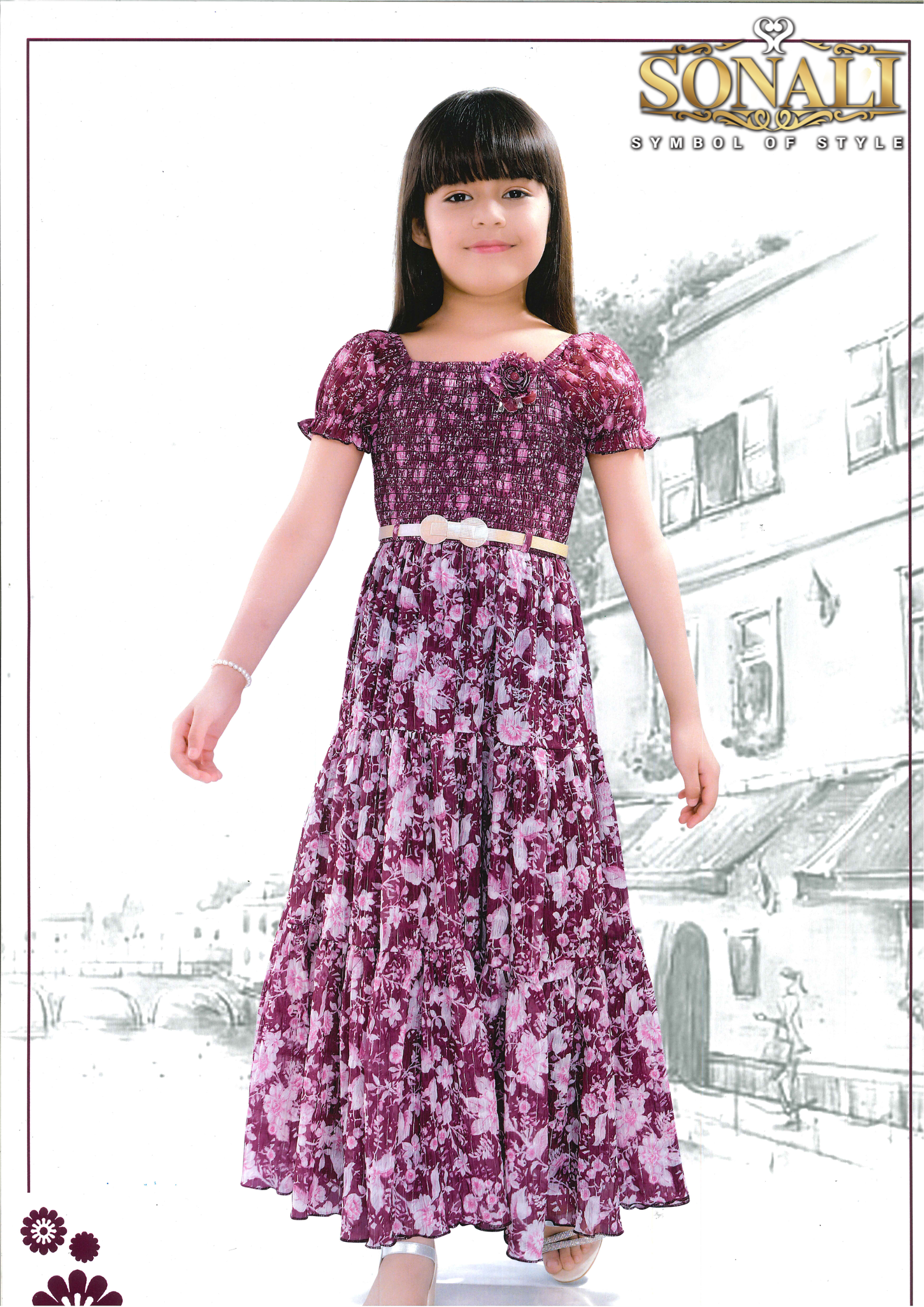 Sonali Premier Quality Exclusive Girls Ethnic Floral Motif Print Cotton Flared Midi Dress - GGE1690