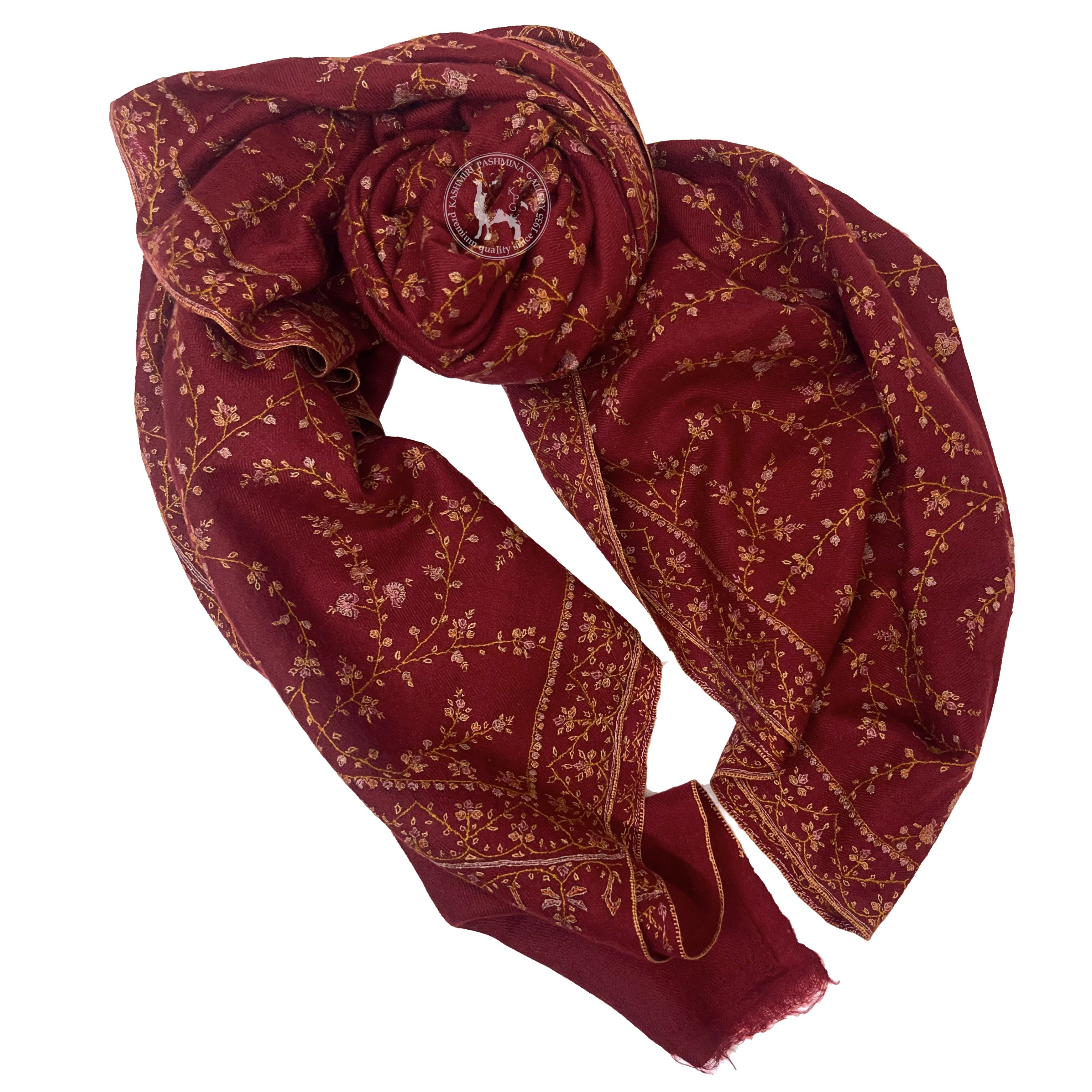 暗紅色刺繡喀什米爾羊絨披肩