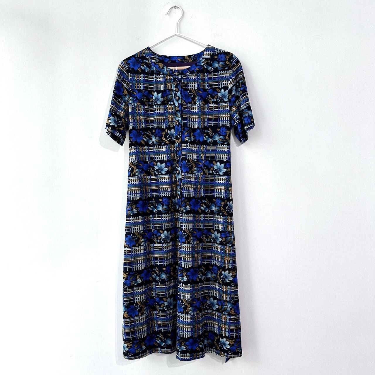 神秘感藍色大花羊毛古著連身裙