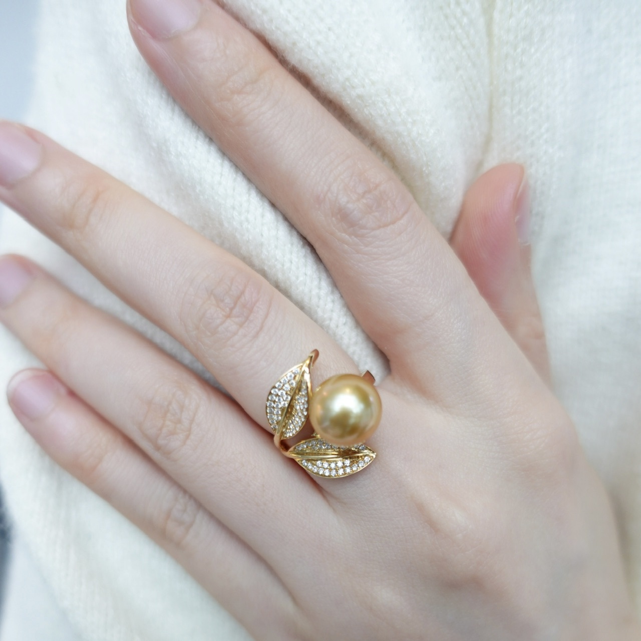 18K金南洋金珠鑲嵌鑽石戒指 (10-11mm)