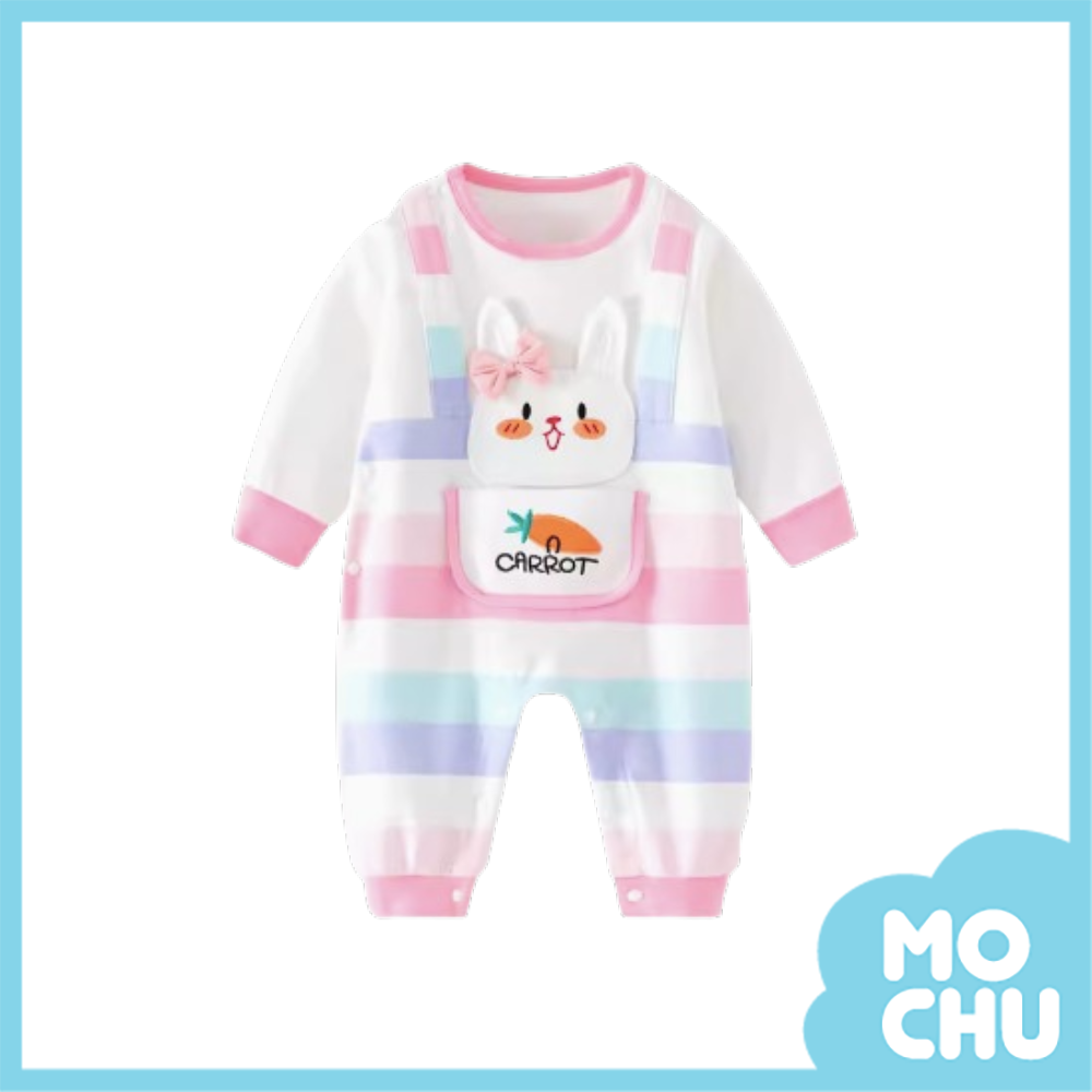 彩條紋兔長袖連身衣