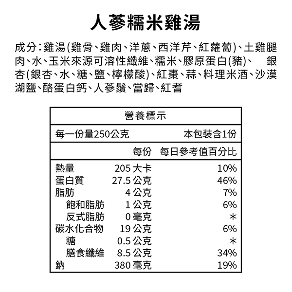桂冠營養研究室-人蔘糯米雞湯-成分