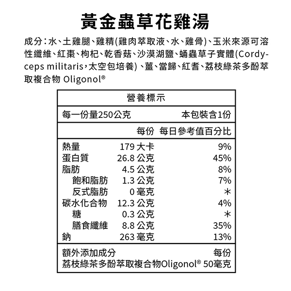 桂冠營養研究室-黃金蟲草花雞湯-成分