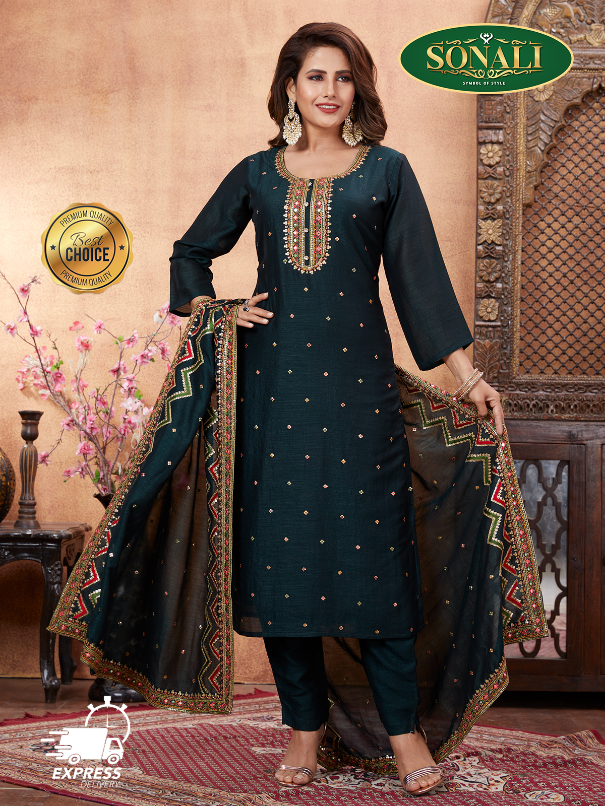 Sonali Premier Quality Family Collection Green - Men's Shirt, Women's Set (Free Duppatta), Girls Set (Free Duppatta) , Boy's Shirt - Q1798 / Q1799 / Q1800 / Q1801