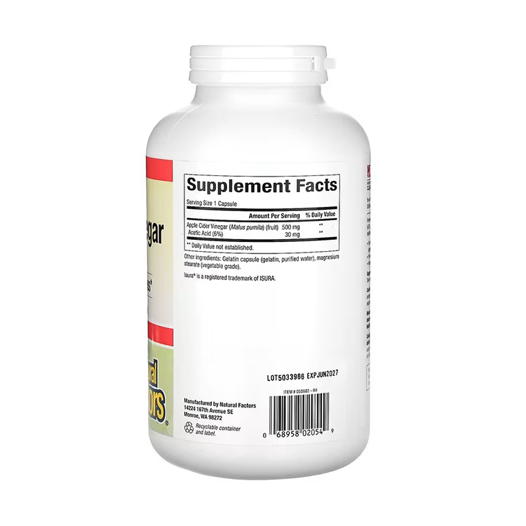 Natural Factors, Fermented Apple Cider Vinegar, 500 mg, 360 Easy-to -Swallow Capsules