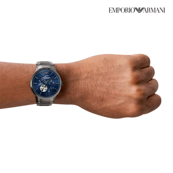 萬年鐘錶 - ARMANI  精品腕錶 湛藍炫黑風尚鏤空機械手錶 煙灰色不鏽鋼機械男錶 AR60056   錶徑43MM