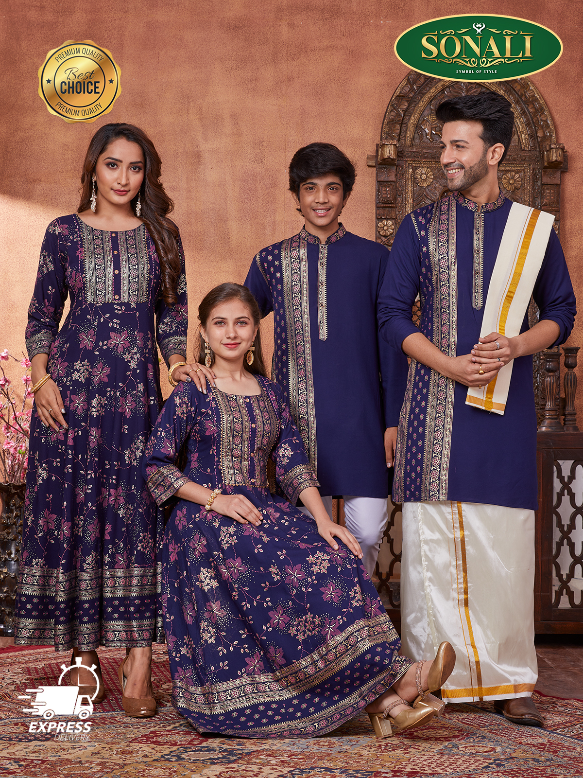 Sonali Premier Blue Family Collection Blue Men's Top Kurta, Women's Gown, Girls Gown, Boy's Top Kurta - Q1814 / Q1815 / Q1816 / Q1817