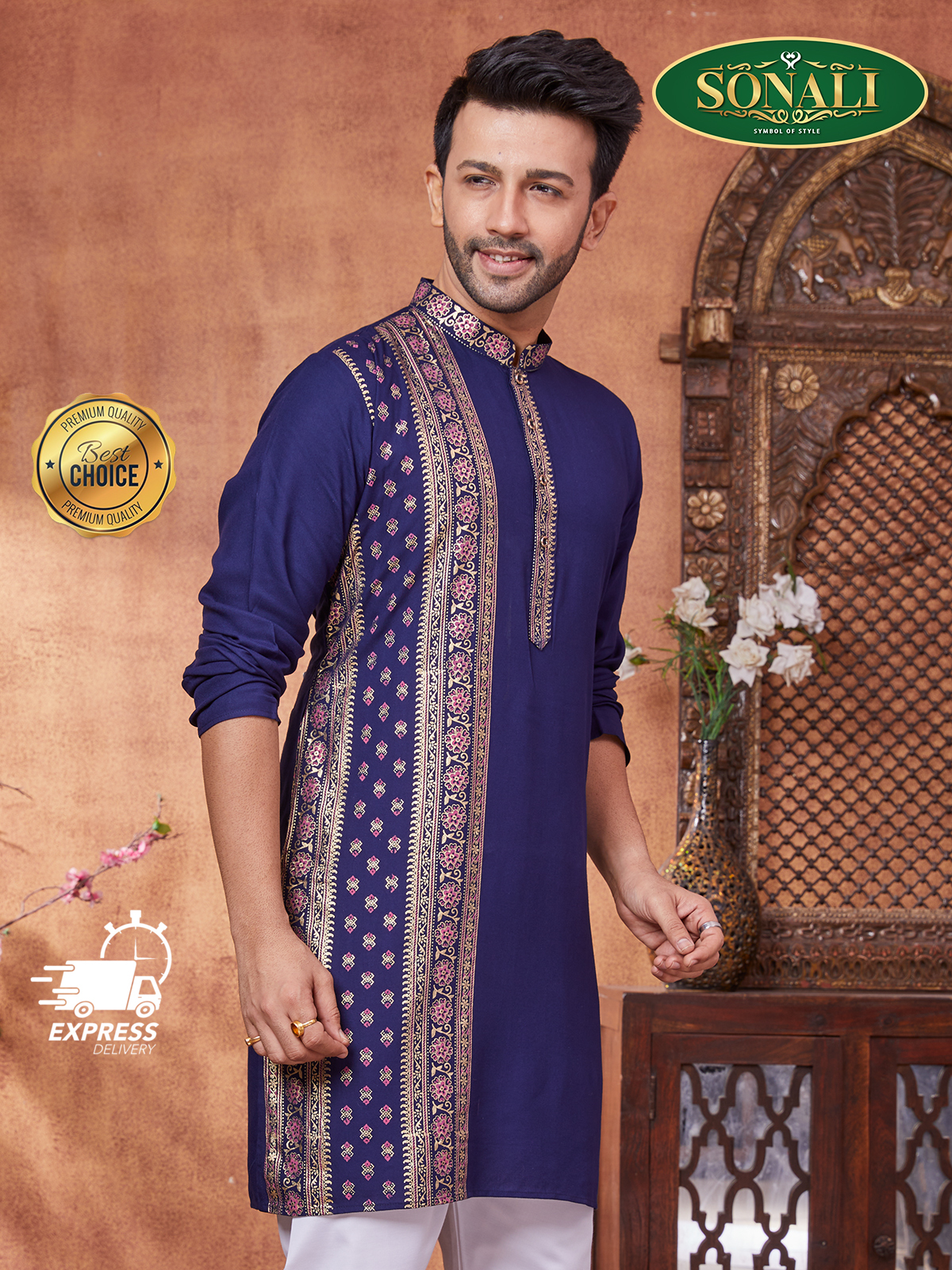 Sonali Premier Blue Family Collection Blue Men's Top Kurta, Women's Gown, Girls Gown, Boy's Top Kurta - Q1814 / Q1815 / Q1816 / Q1817