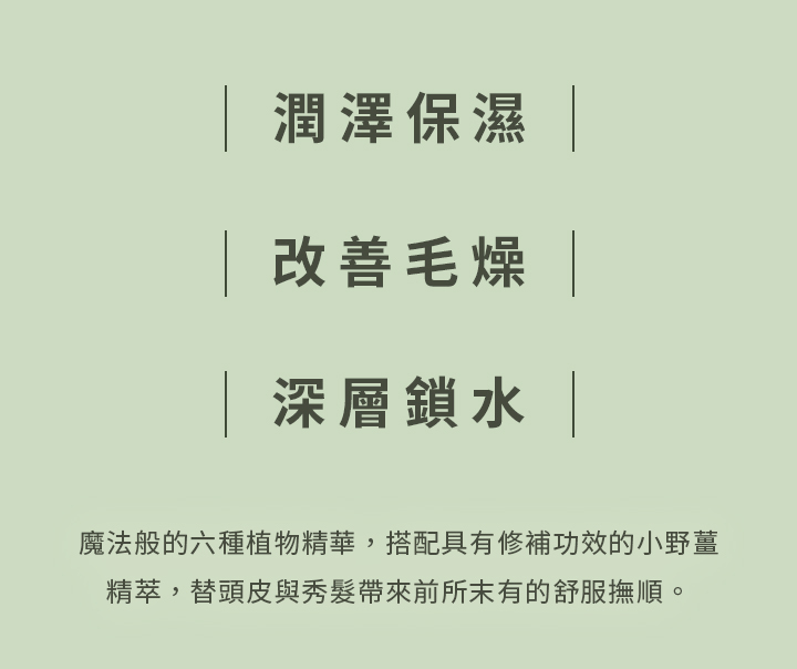 | 潤澤保濕,改善毛燥,深層鎖水 | 魔法般的六種植物精華，搭配具有修補功效的小野薑精萃，替頭皮與秀髮帶來前所末有的舒服撫順。