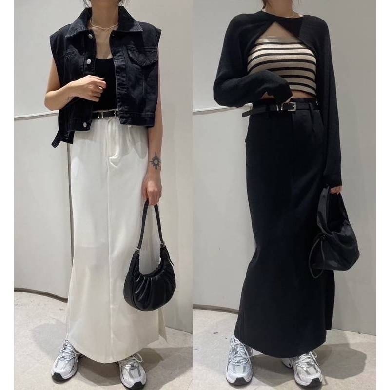 側開衩直筒西裝裙(附皮帶)