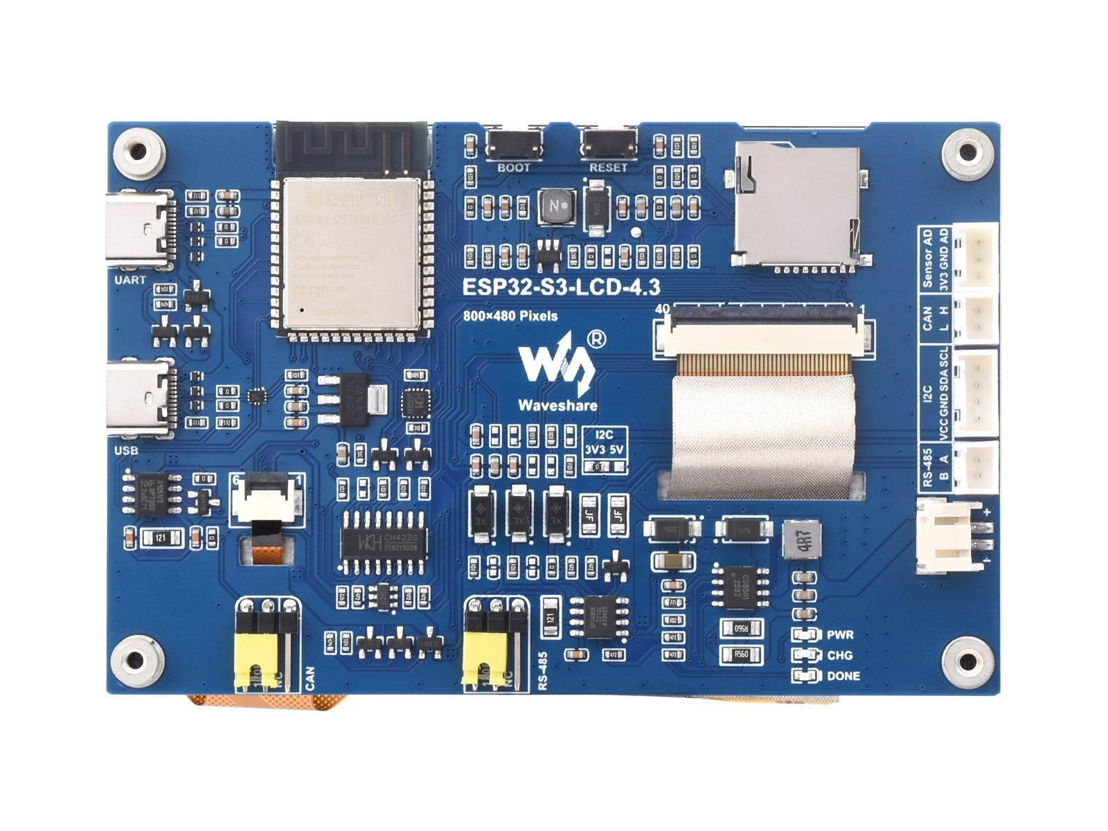 ESP32-S3 4.3吋電容觸控顯示板(800×480解析度,32位LX7雙核處理器)