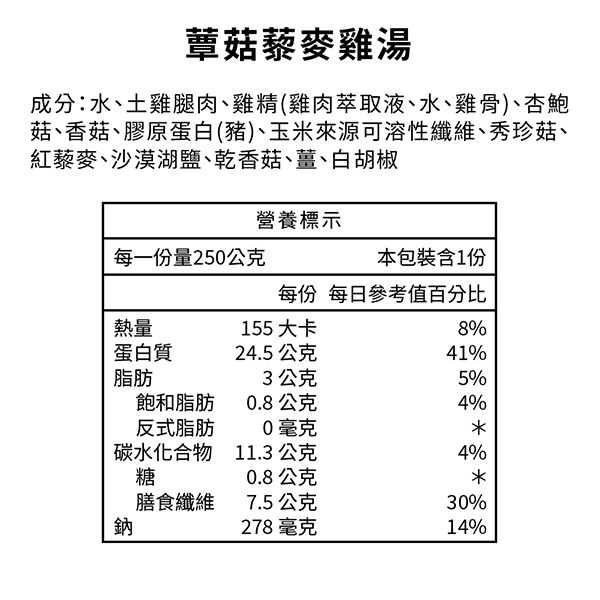 桂冠營養研究室-蕈菇藜麥雞湯-成分