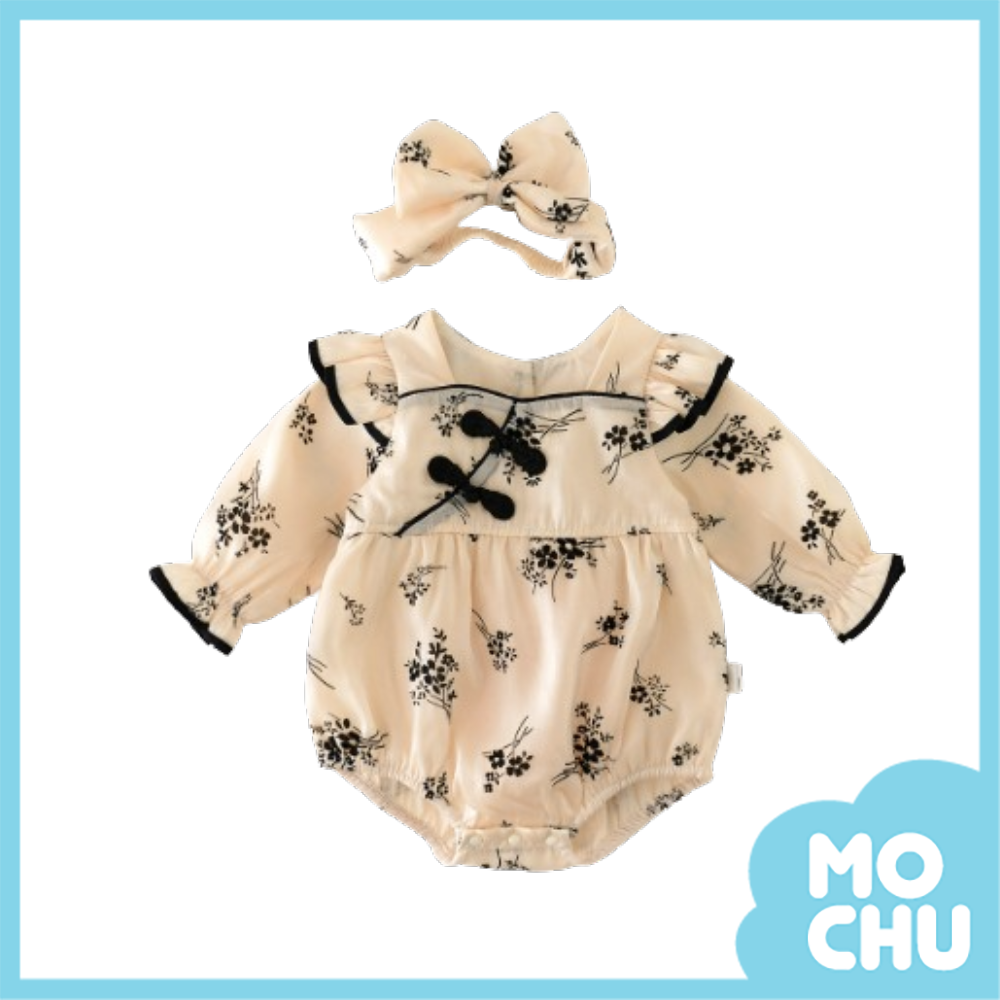 米黑花朵節扣長袖包屁衣