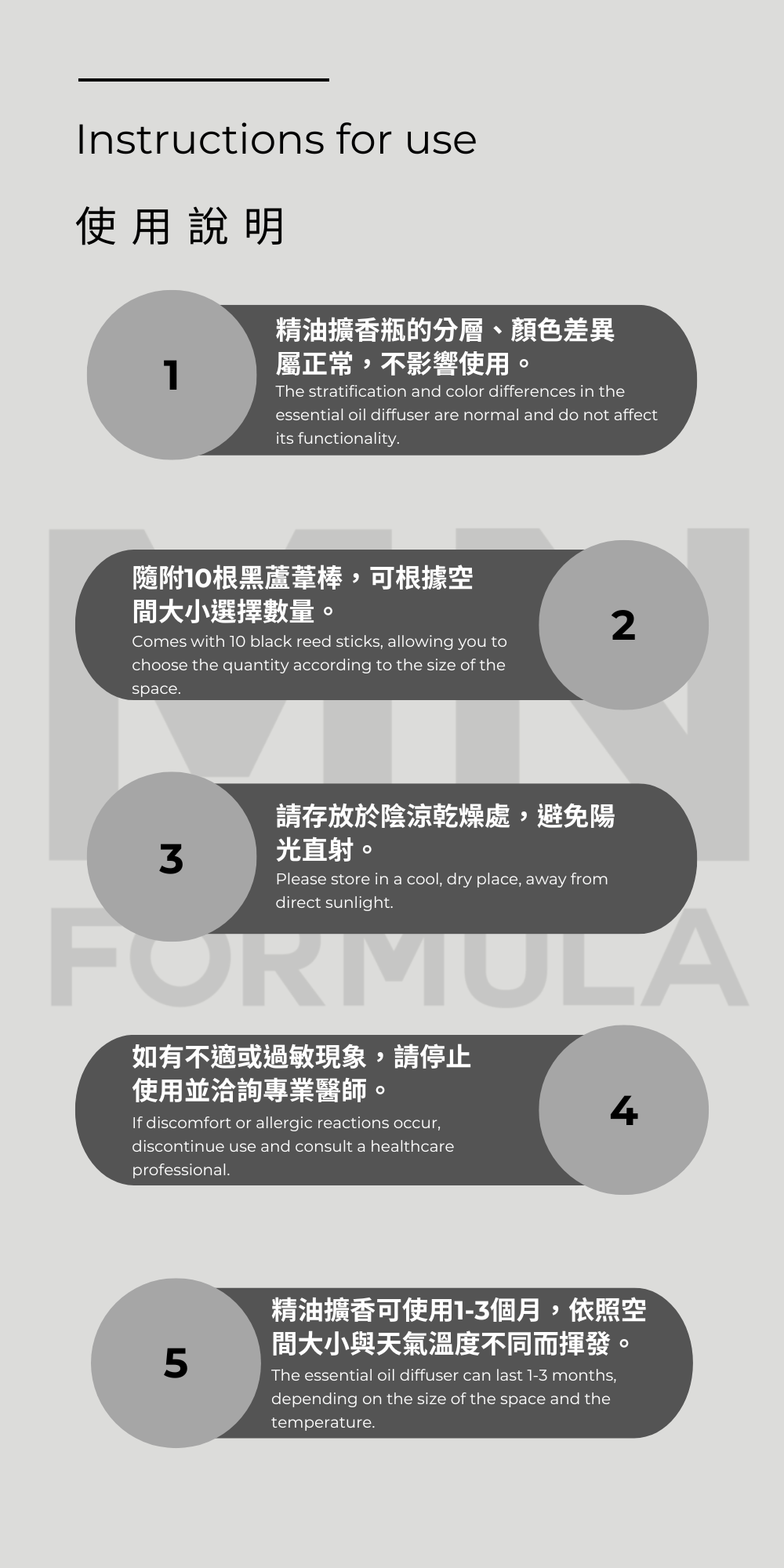 1.精油擴香器的顏色差異屬正常，不影響使用。 2.精油分層為正常現象，不影響使用。 3.隨附10根黑蘆葦棒，可根據空間大小選擇數量。 4.建議使用3-5根蘆葦棒，定期翻轉以提升擴香效果。 5.精油擴香可使用1-3個月，依照空間大小與天氣溫度不同而揮發。 6.請存放於陰涼乾燥處，避免陽光直射。7.孕婦使用前請先諮詢專業芳療師和醫師。