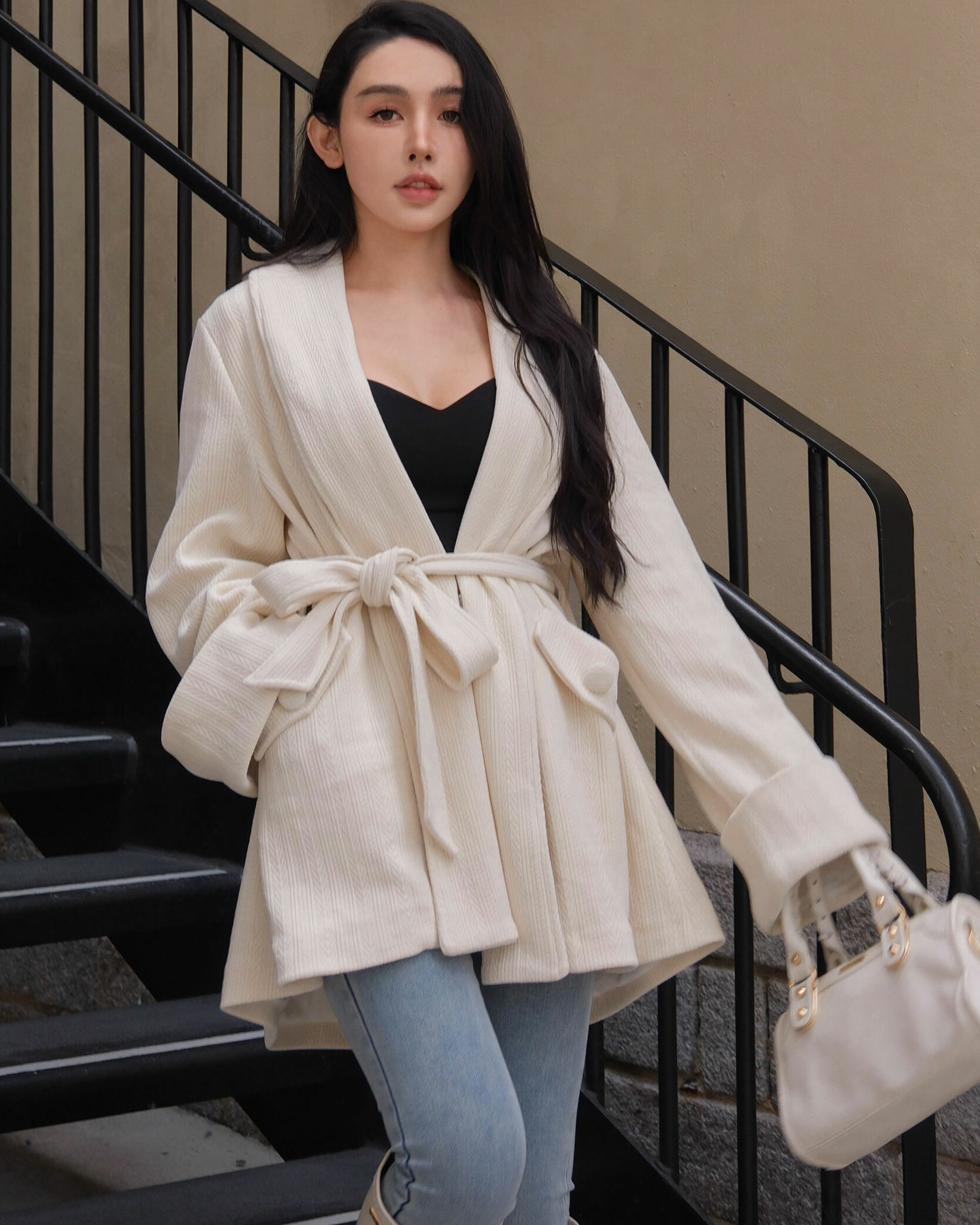 訂製-慵懶浴袍領織紋刷毛外套