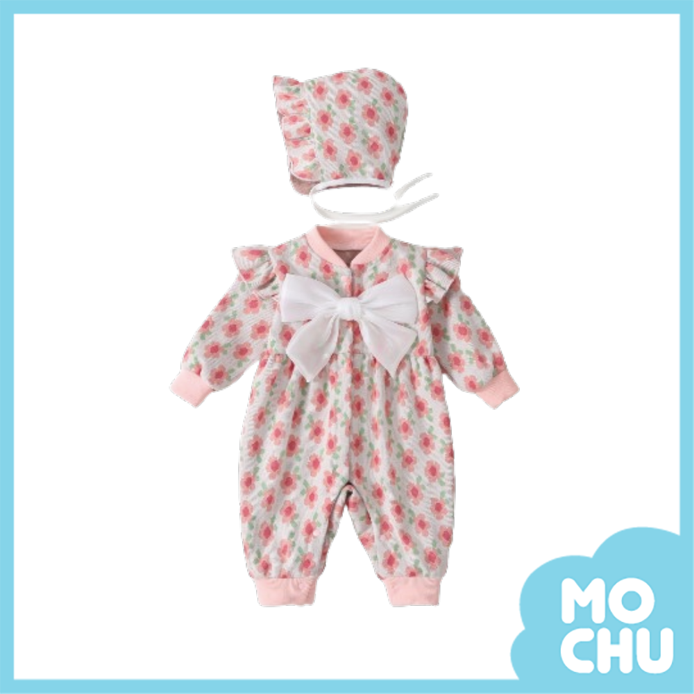 粉花朵蝴蝶結長袖連身衣