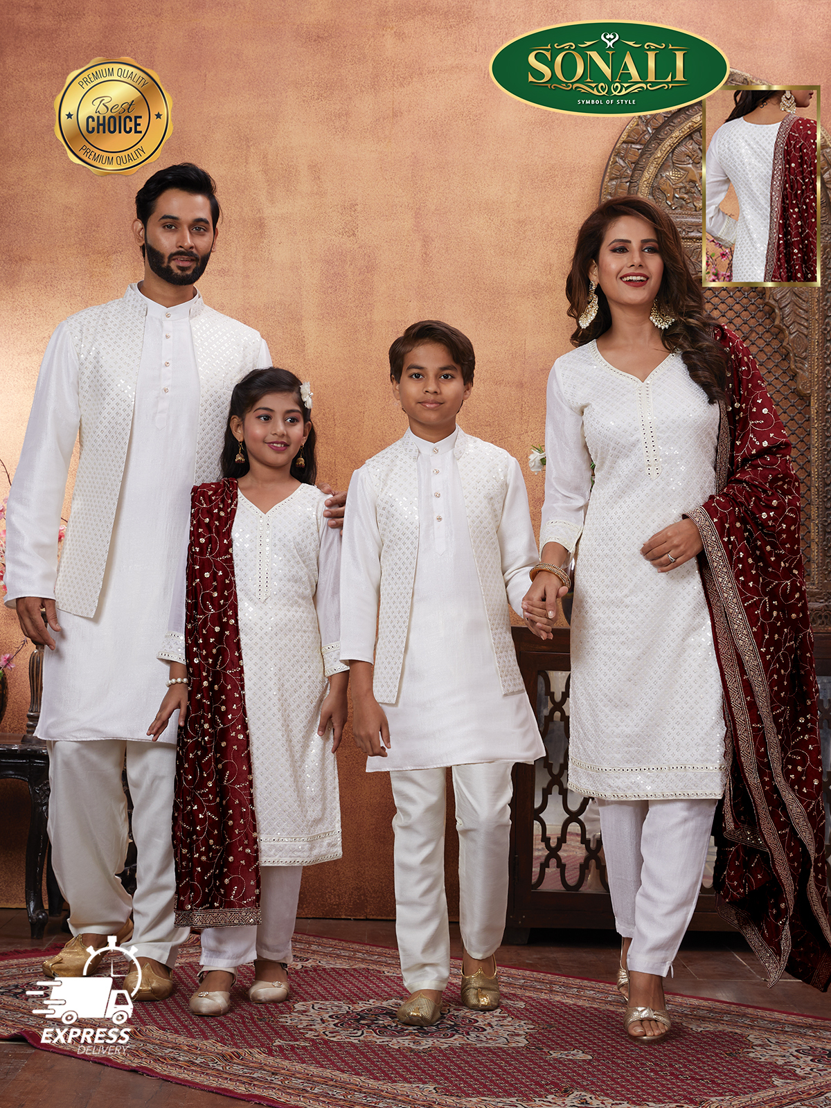 Sonali Premier White Family Collection Men's Kurti / Women's Set / Wear Kid's Wear Girls Set / Boy's Kurti Set - Q1802/Q1803/Q1804/Q1805/Q1802A/Q1802B