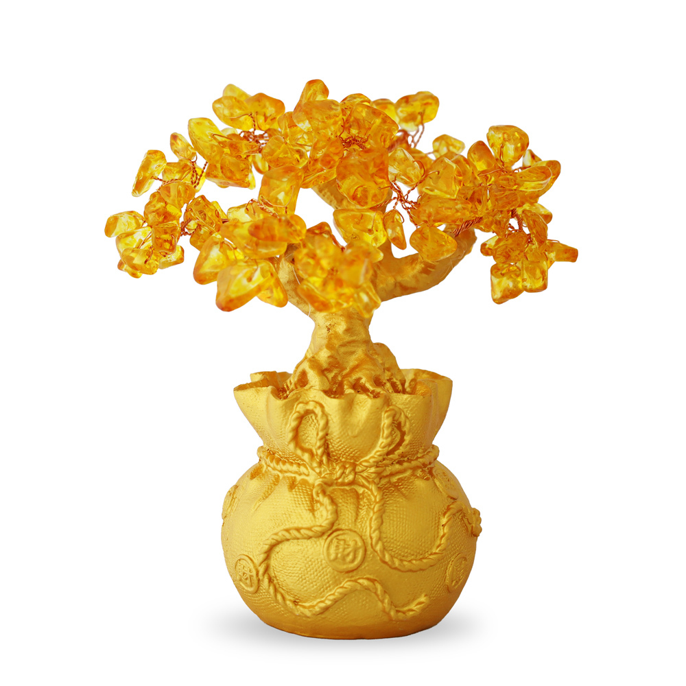 O'Pretty 歐沛媞 招財開運黃水晶發財樹聚寶盆(7.3X7.3X15.3cm)