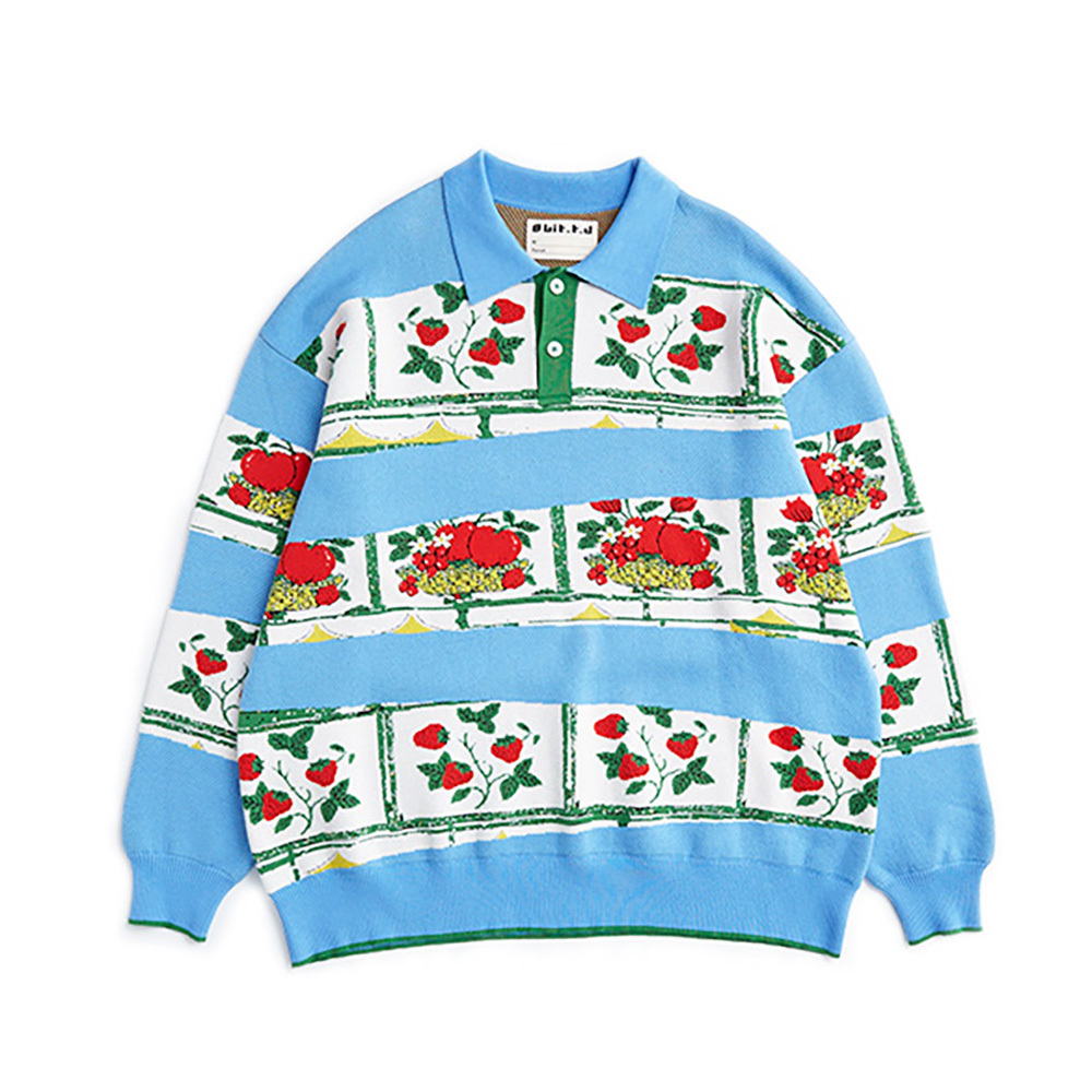 Shuangxi Fruit Staircase Polo Long Sleeve Top-Blue